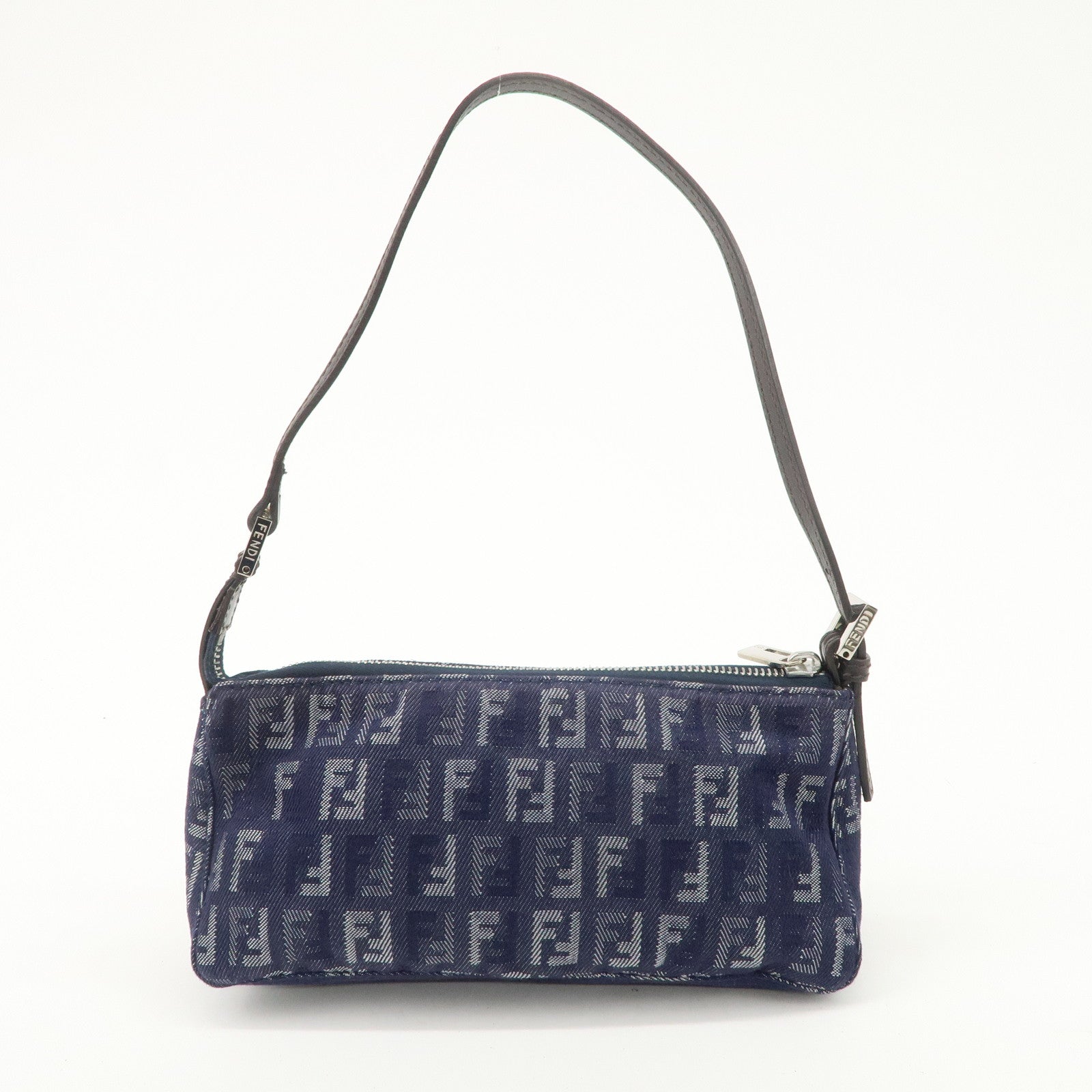 FENDI Zucchino Canvas Leather Shoulder Bag Pouch Navy 8BR249 Used