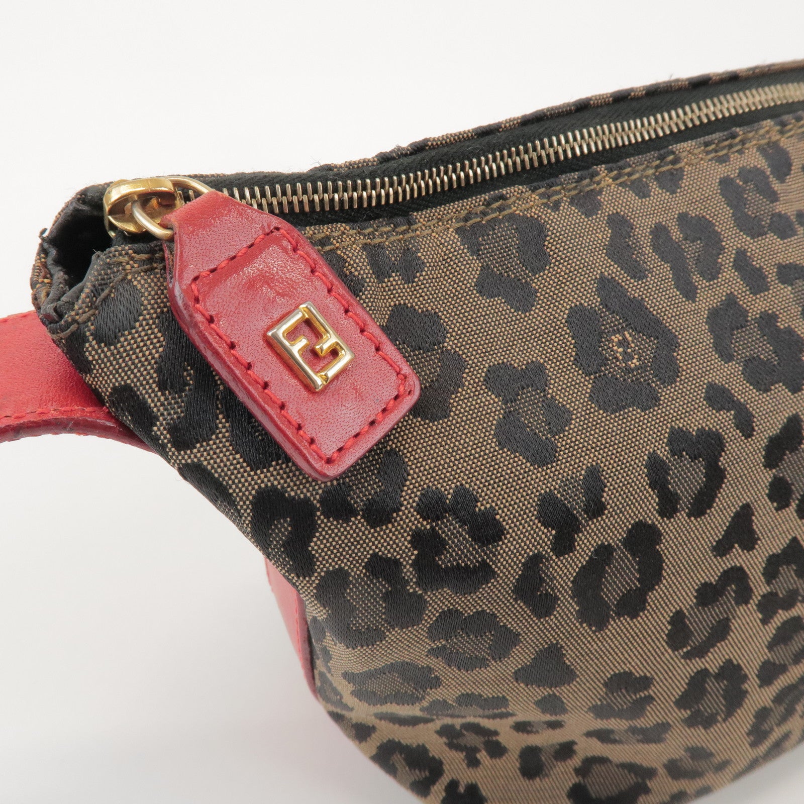 FENDI Canvas Leather Leopard Hand Bag Cosmetic Pouch Brown 26360