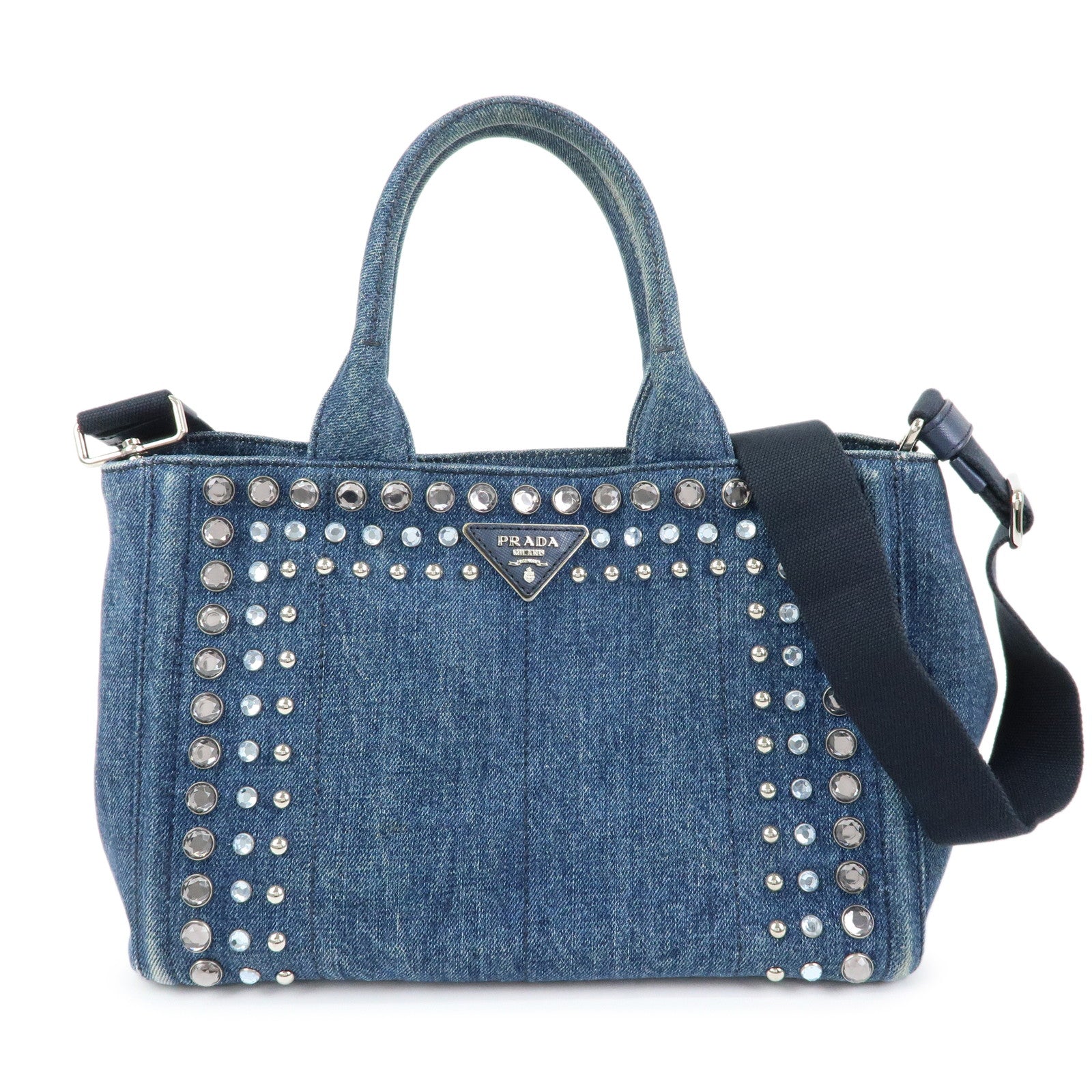 PRADA Canapa Triangle Logo Denim 2Way Bag Hand Bag Blue 1BG439