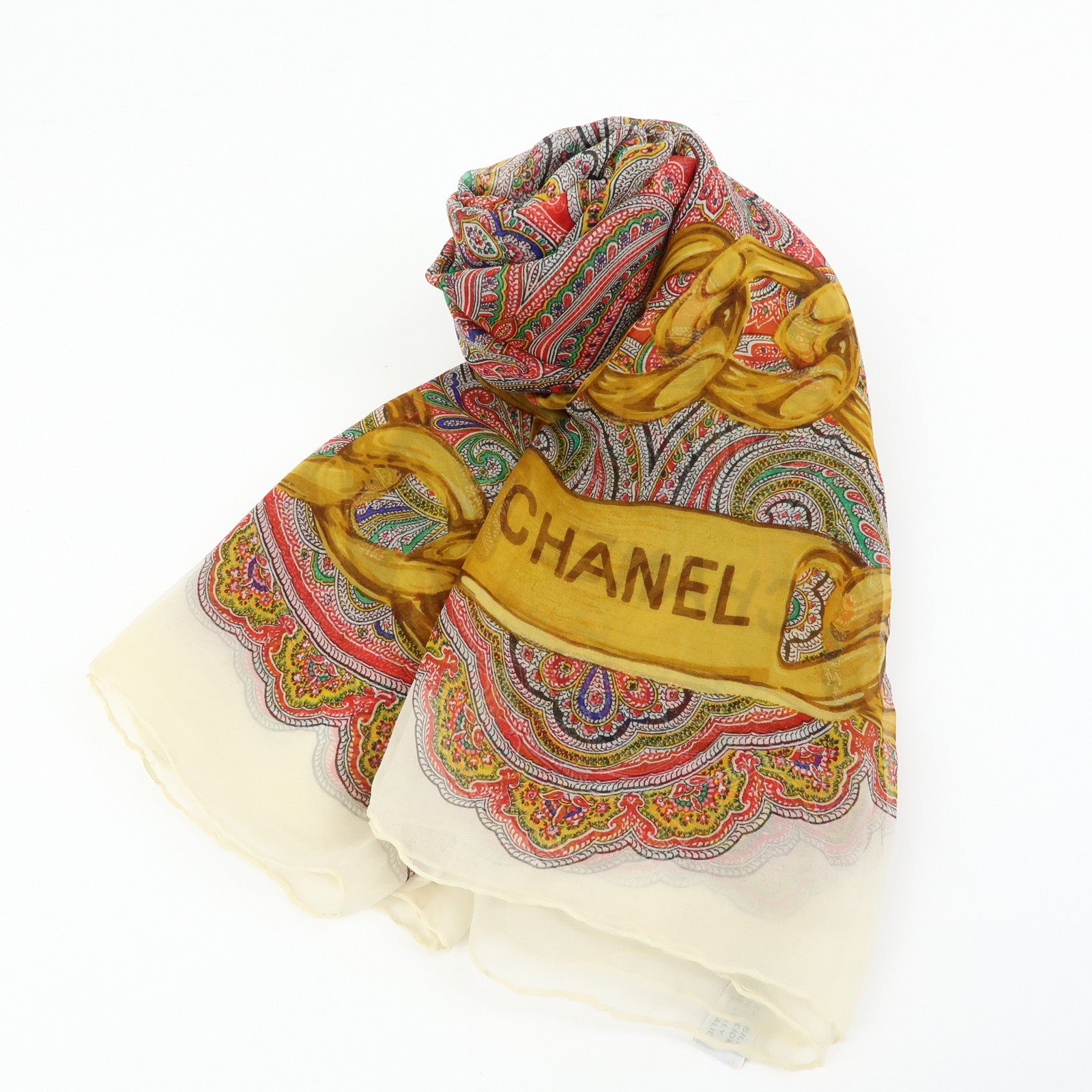 CHANEL Silk 100% Paisley Chain Pattern Scarf Gold Red