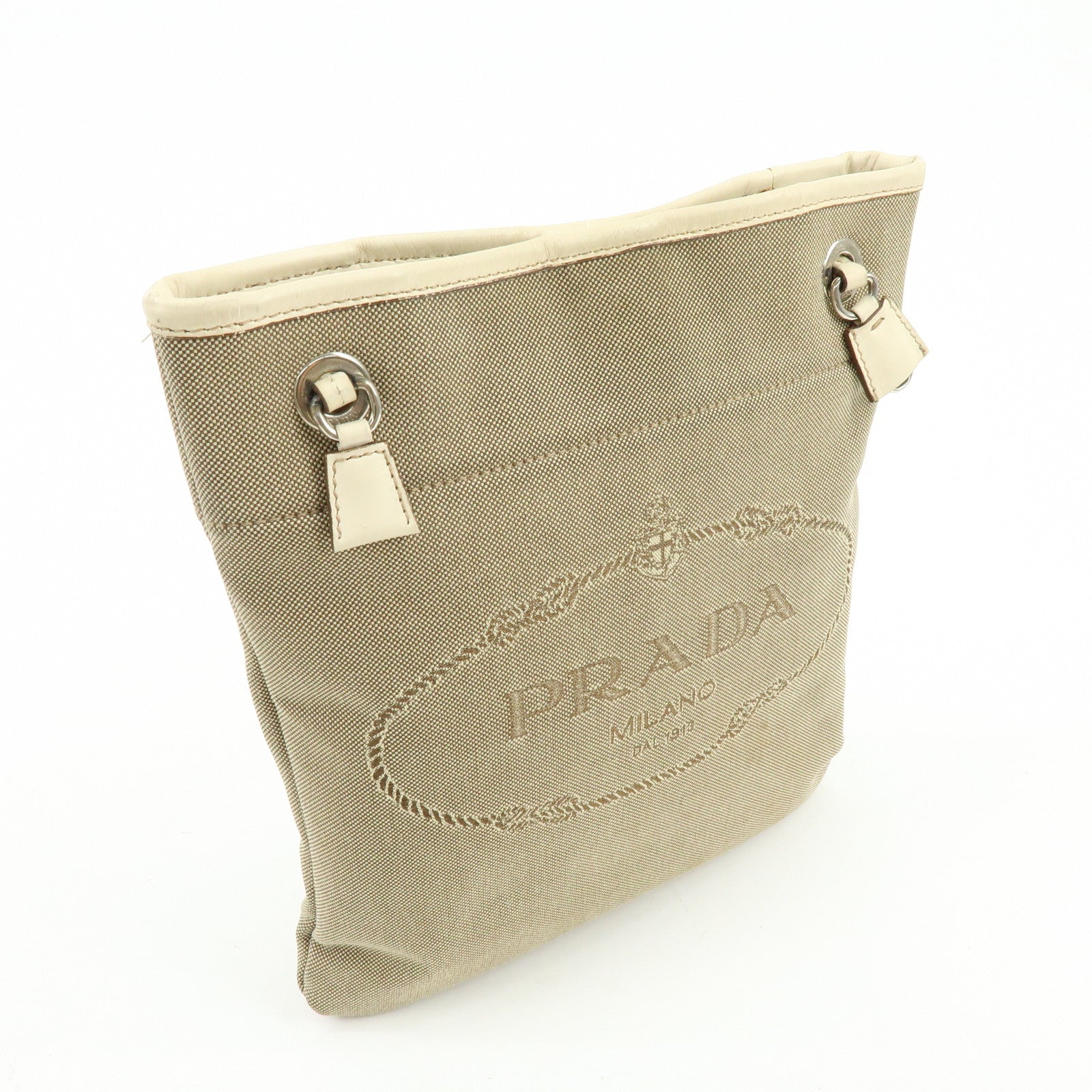 PRADA Logo Jacquard Leather Shoulder Bag Crossbody Bag Beige