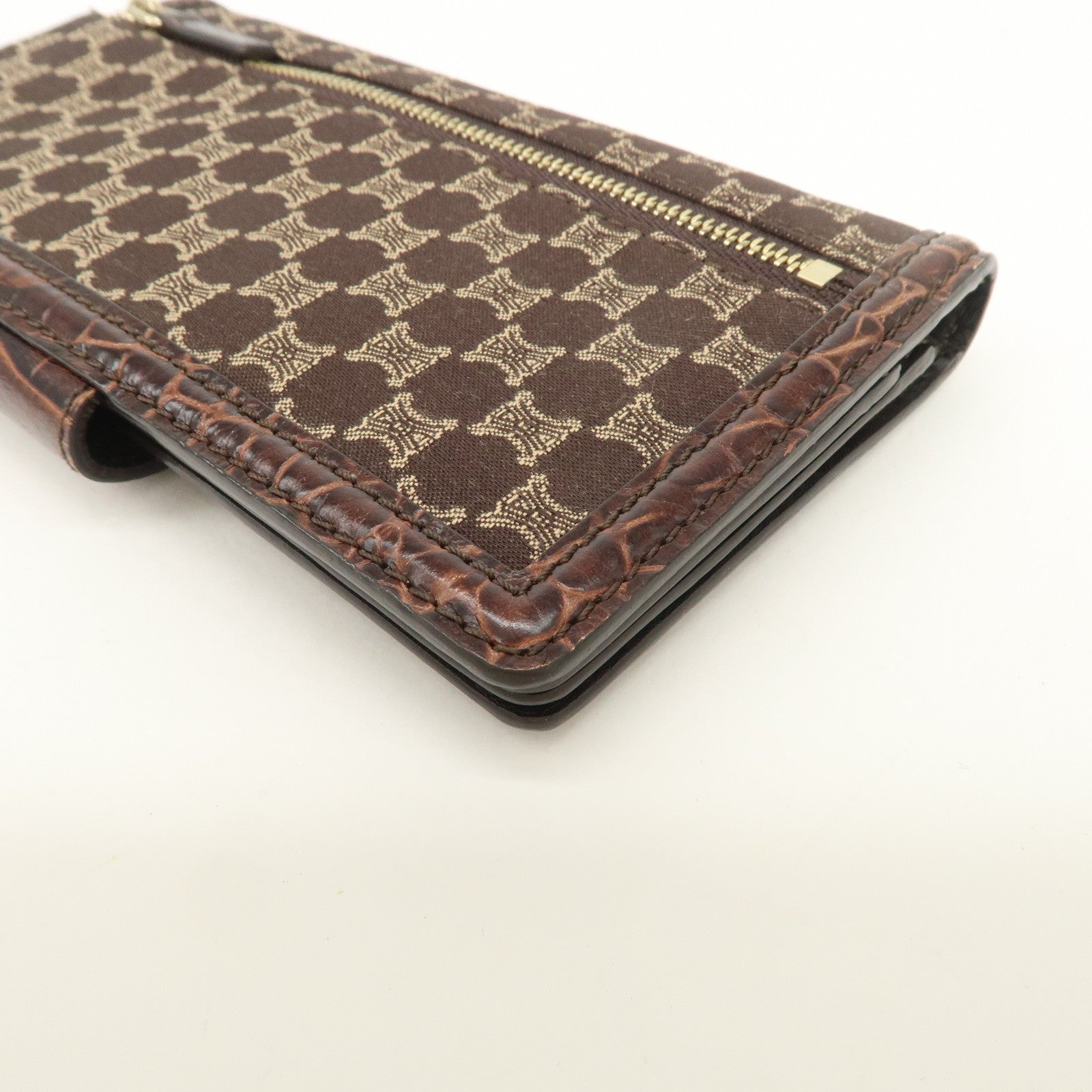 CELINE Macadam Canvas Leather Flap Long Wallet Brown