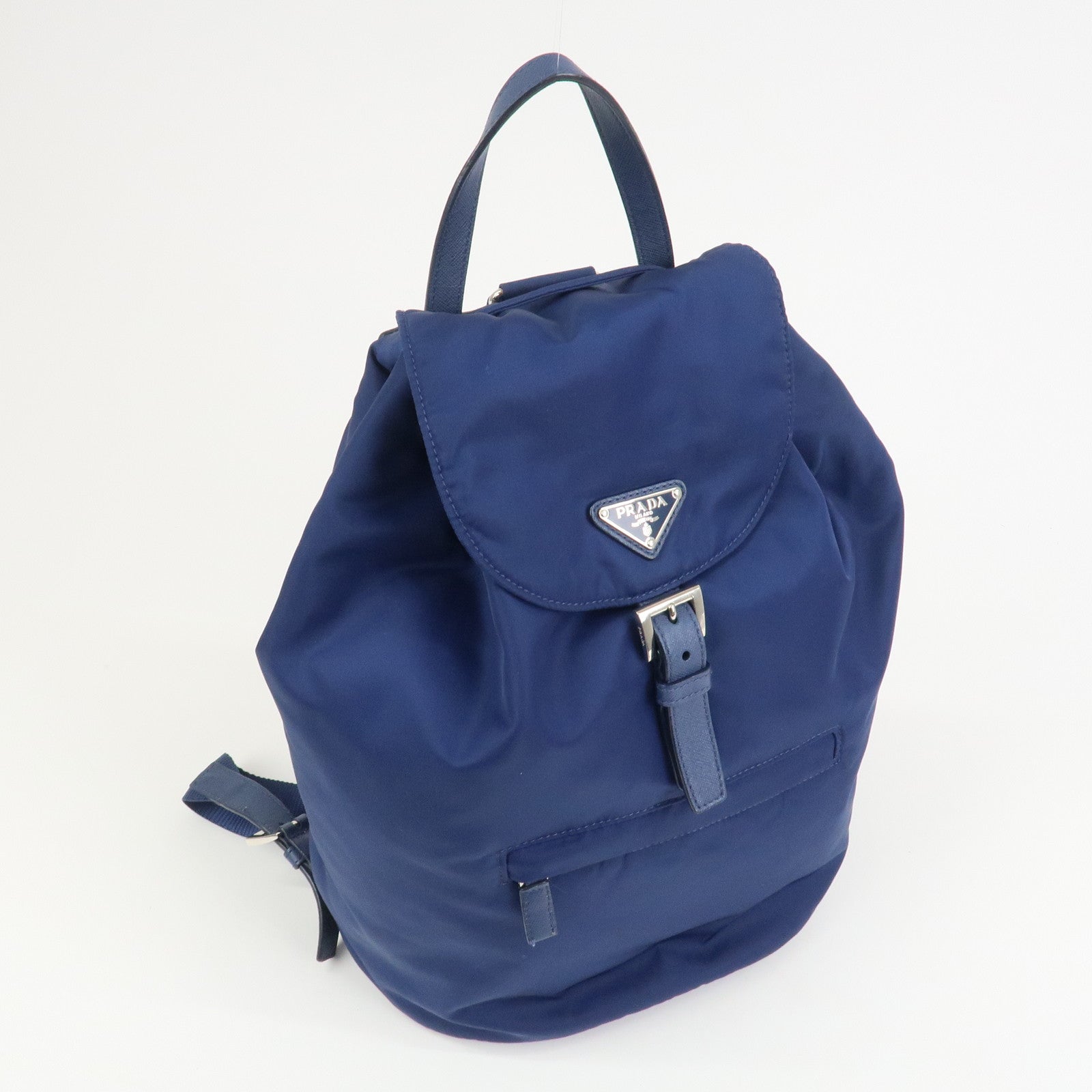 PRADA Triangle Logo Nylon Saffiano Leather Backpack Navy BZ0032