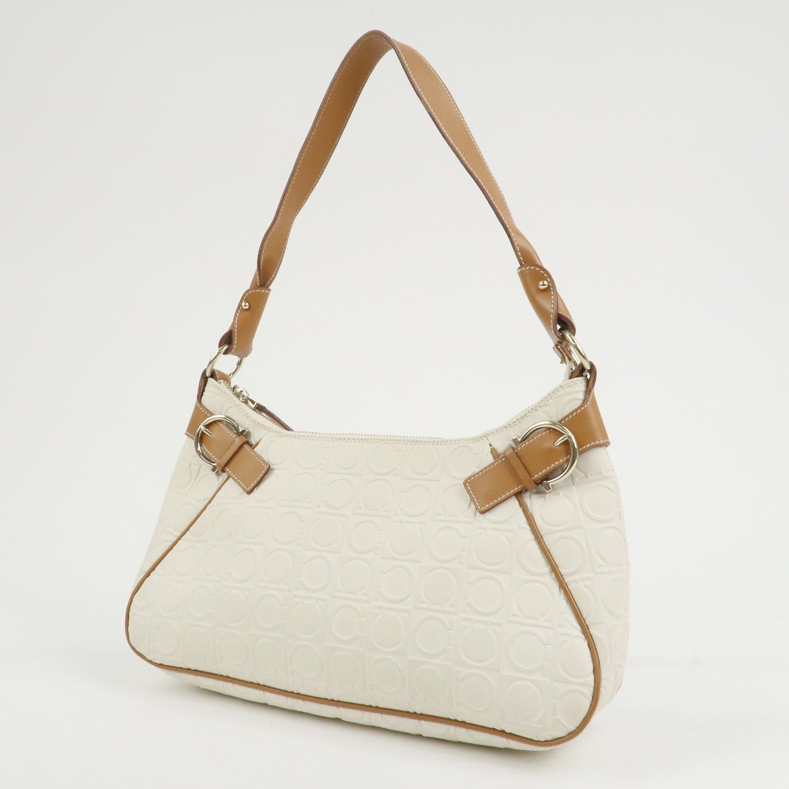 Ferragamo Gancini Logo Leather Shoulder Bag Hand Bag White