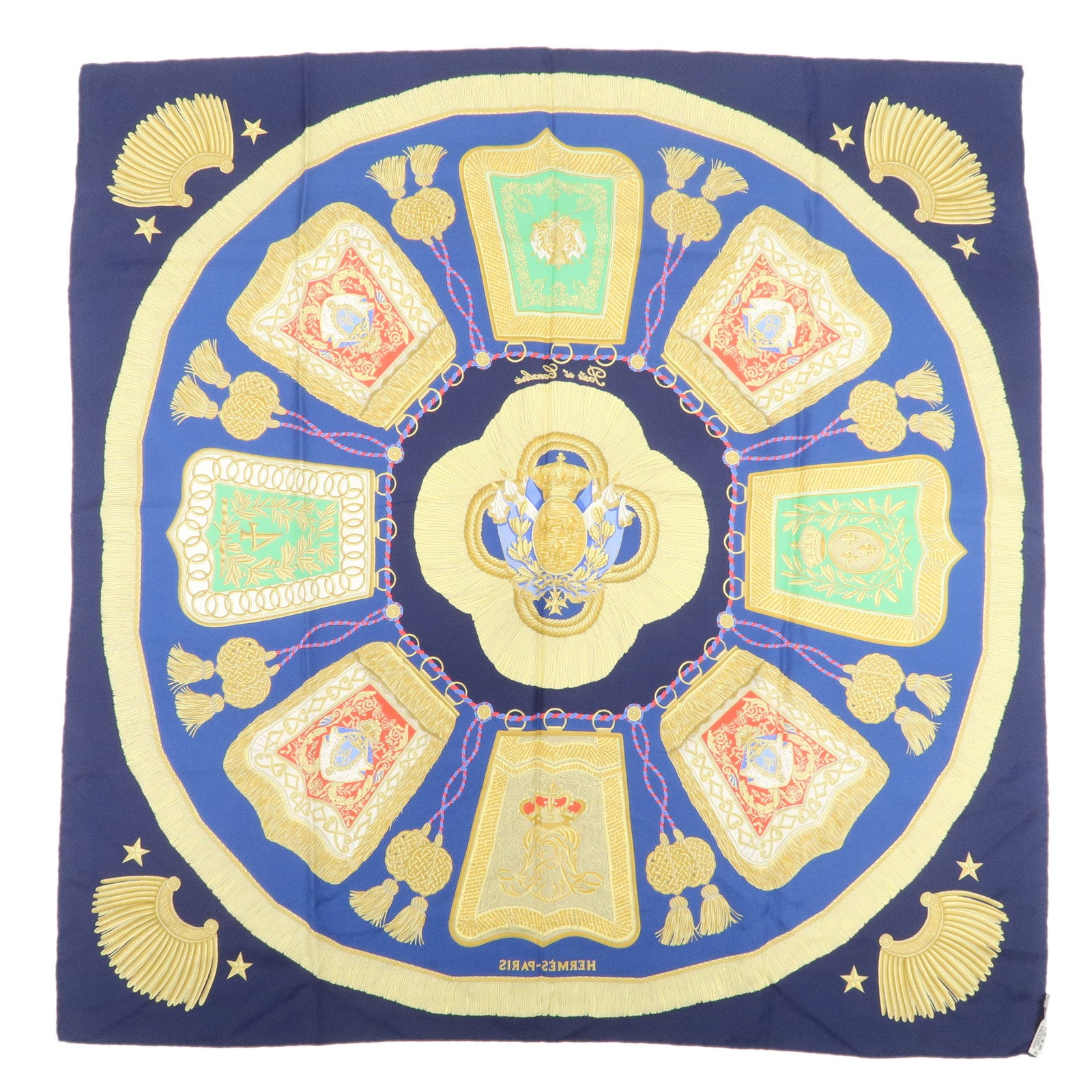 HHERMES Carre 90 Silk 100% Scarf Poste et Cavalerie Navy Gold