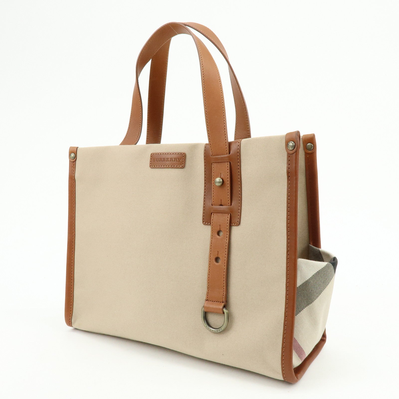 BURBERRY Nova Plaid Canvas Leather Tote Bag Hand Bag Beige Brown