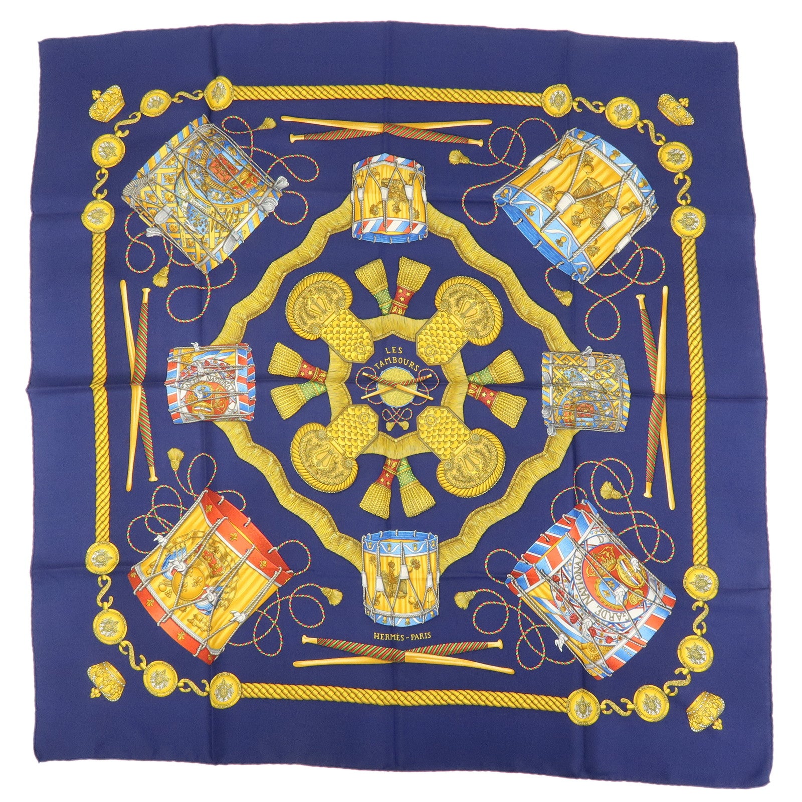 HERMES Carre 90 Silk 100% Scarf LES TAMBOURS Navy Gold