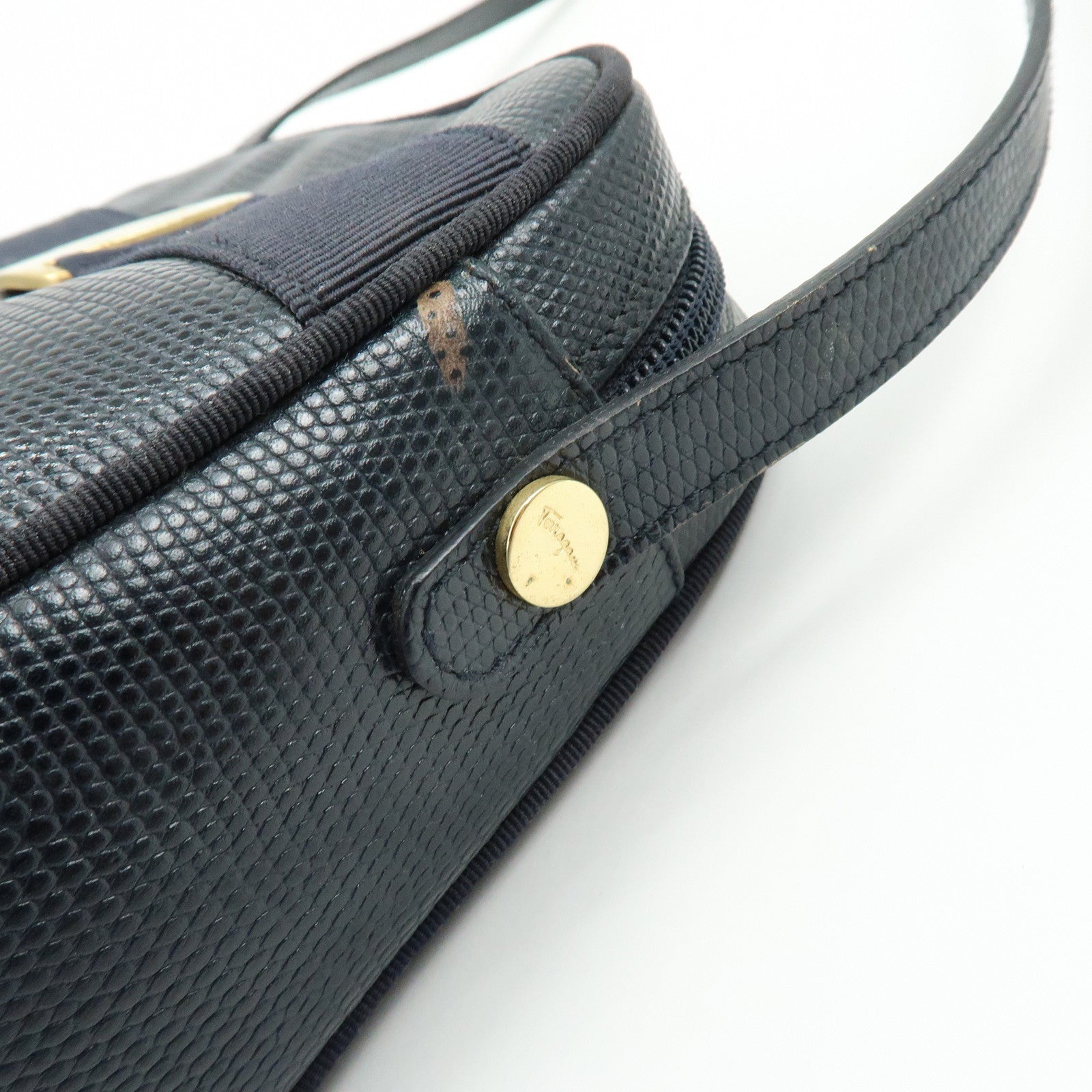 Ferragamo Vara Embossed Leather Shoulder Bag Crossbody Bag Navy