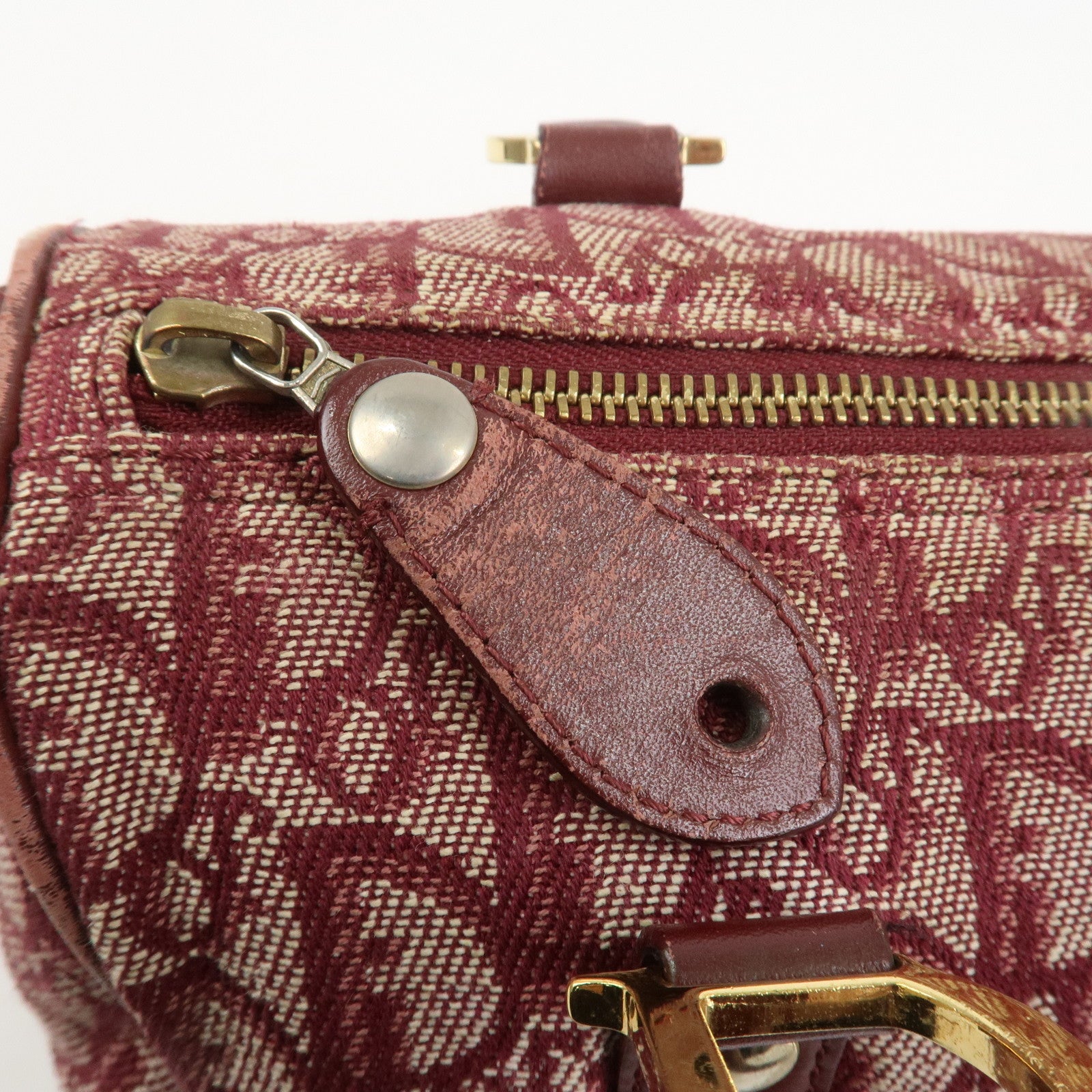 Christian Dior Trotter Jacguard Canvas Leather Boston Hand Bag Red