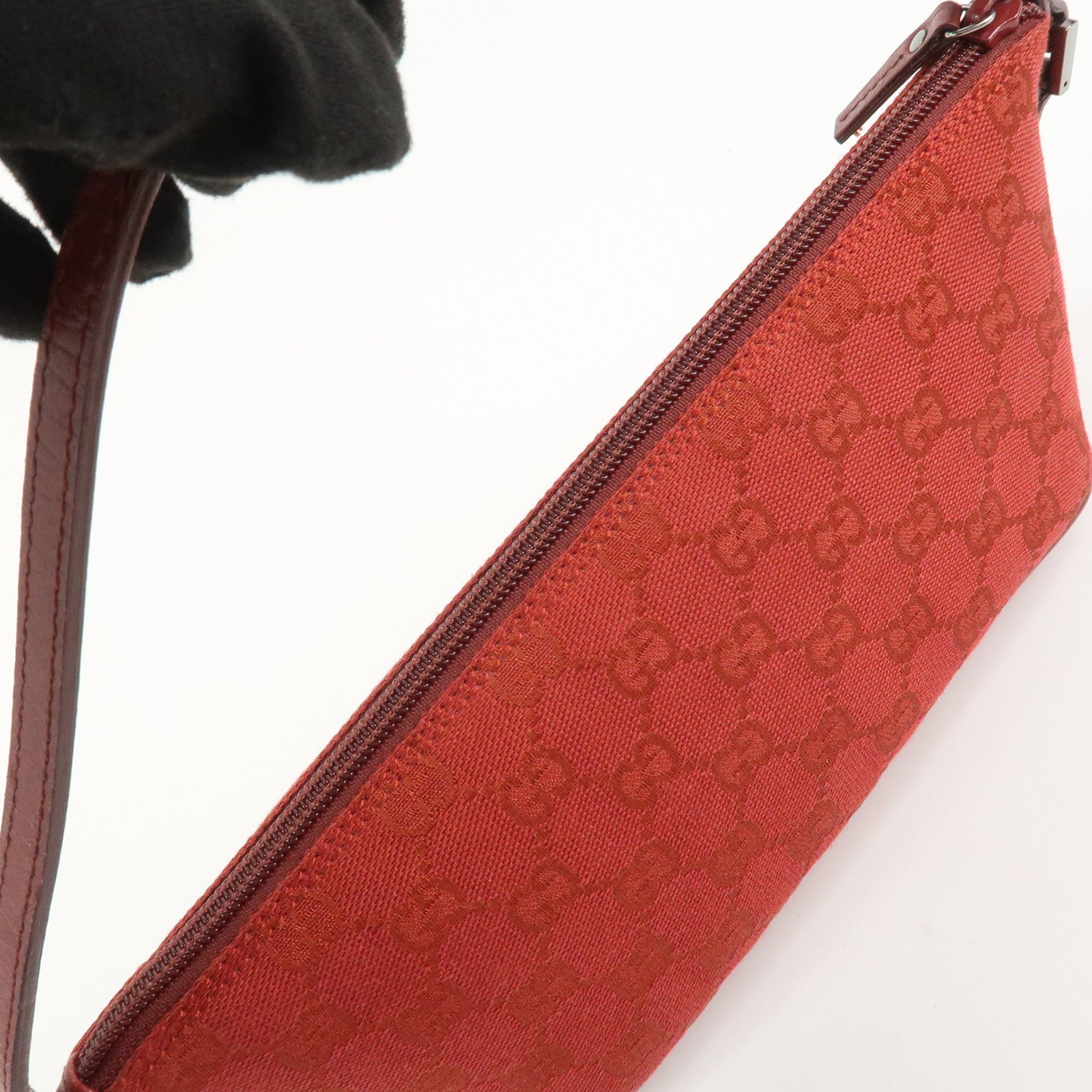 GUCCI Boat Bag GG Canvas Leather Hand Bag Pouch Red 07198