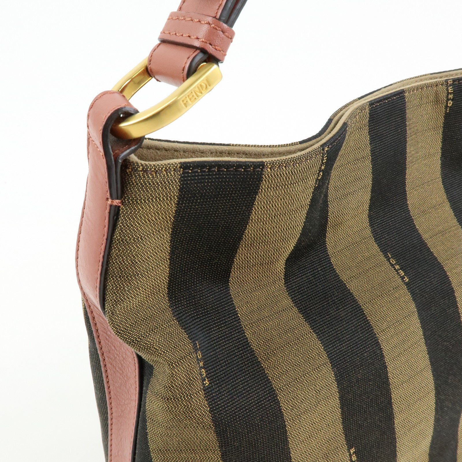 FENDI Pequin Canvas Leather Shoulder Bag Brown Pink 8BR669