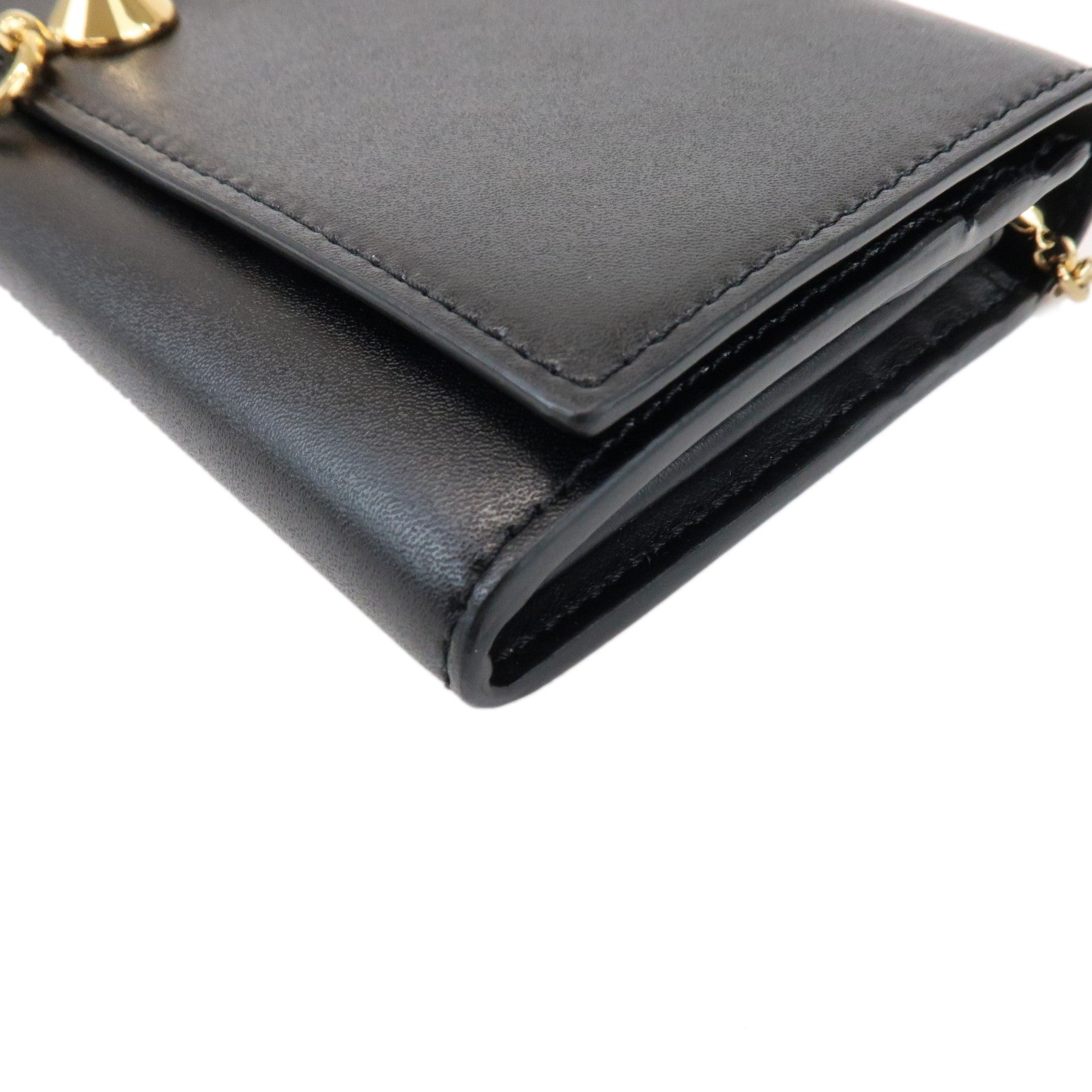 FENDI Leather Chain Wallet WOC Flap Wallet Black 8M0365