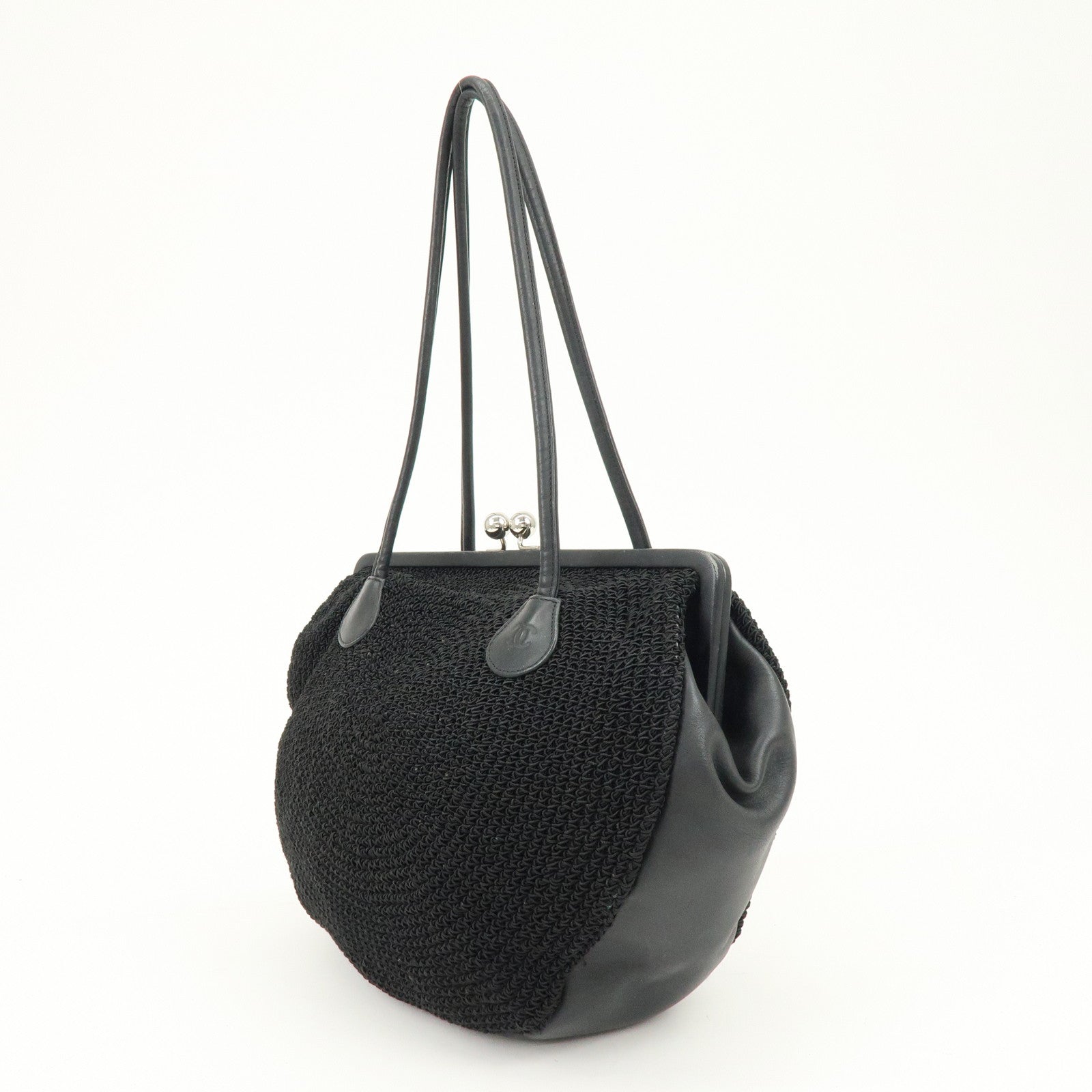 CHANEL COCO Mark Nylon Leather Kiss Lock Purse Shoulder Bag Black