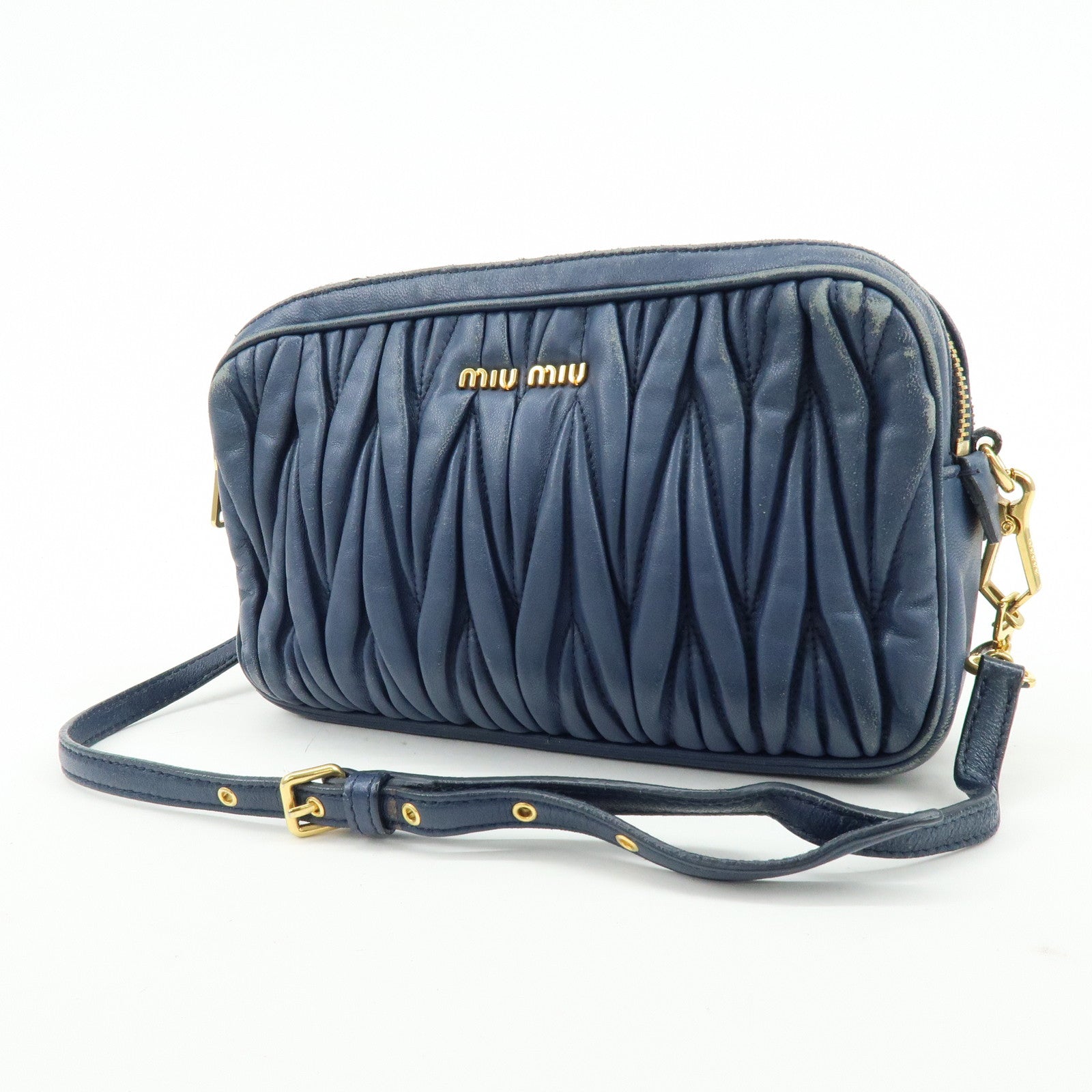 MIU MIU Matelasse Leather Gathered Shoulder Bag Crossbody Bag Navy