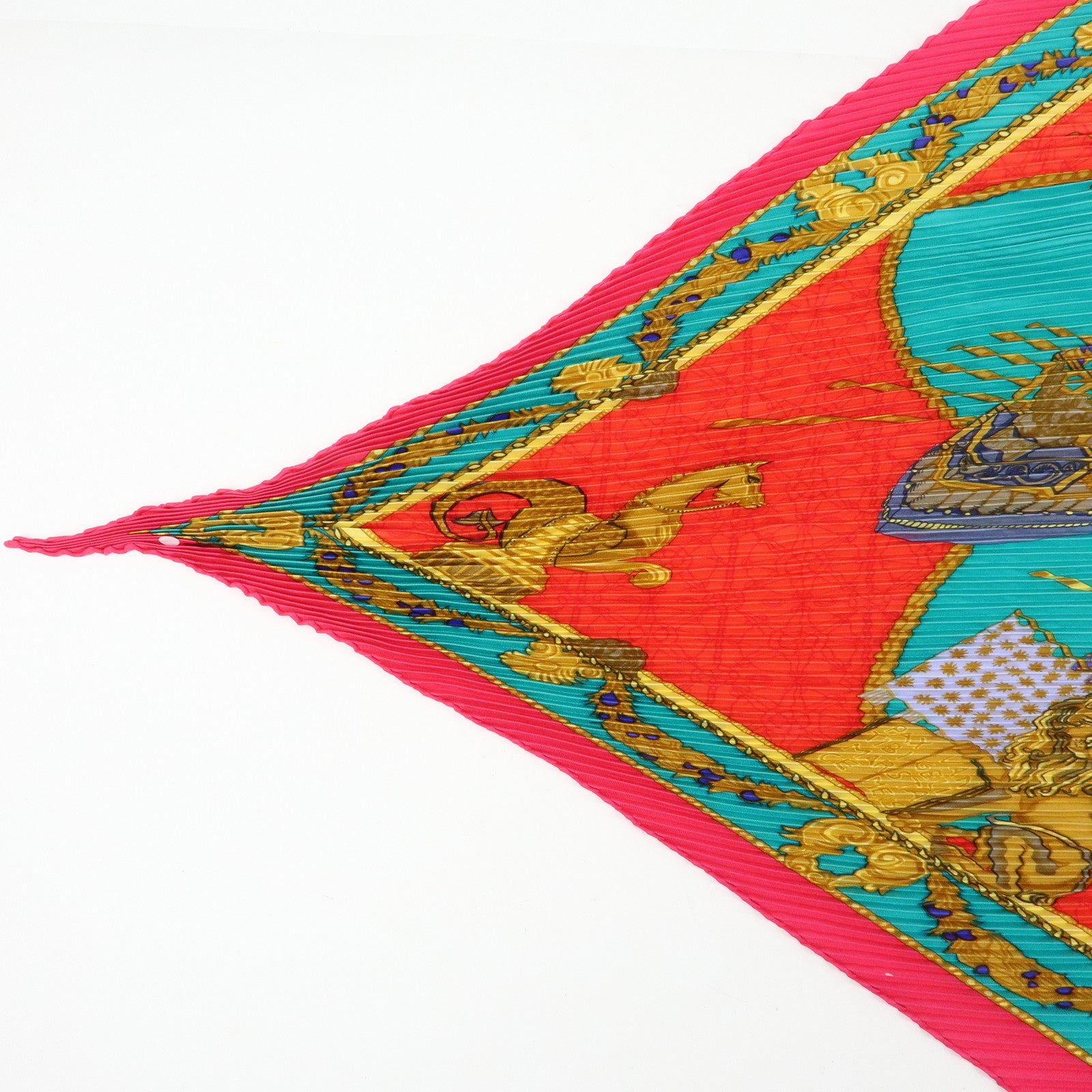 HERMES Pleated Carre 90 Set of 2 Silk 100% Scarf Green Pink