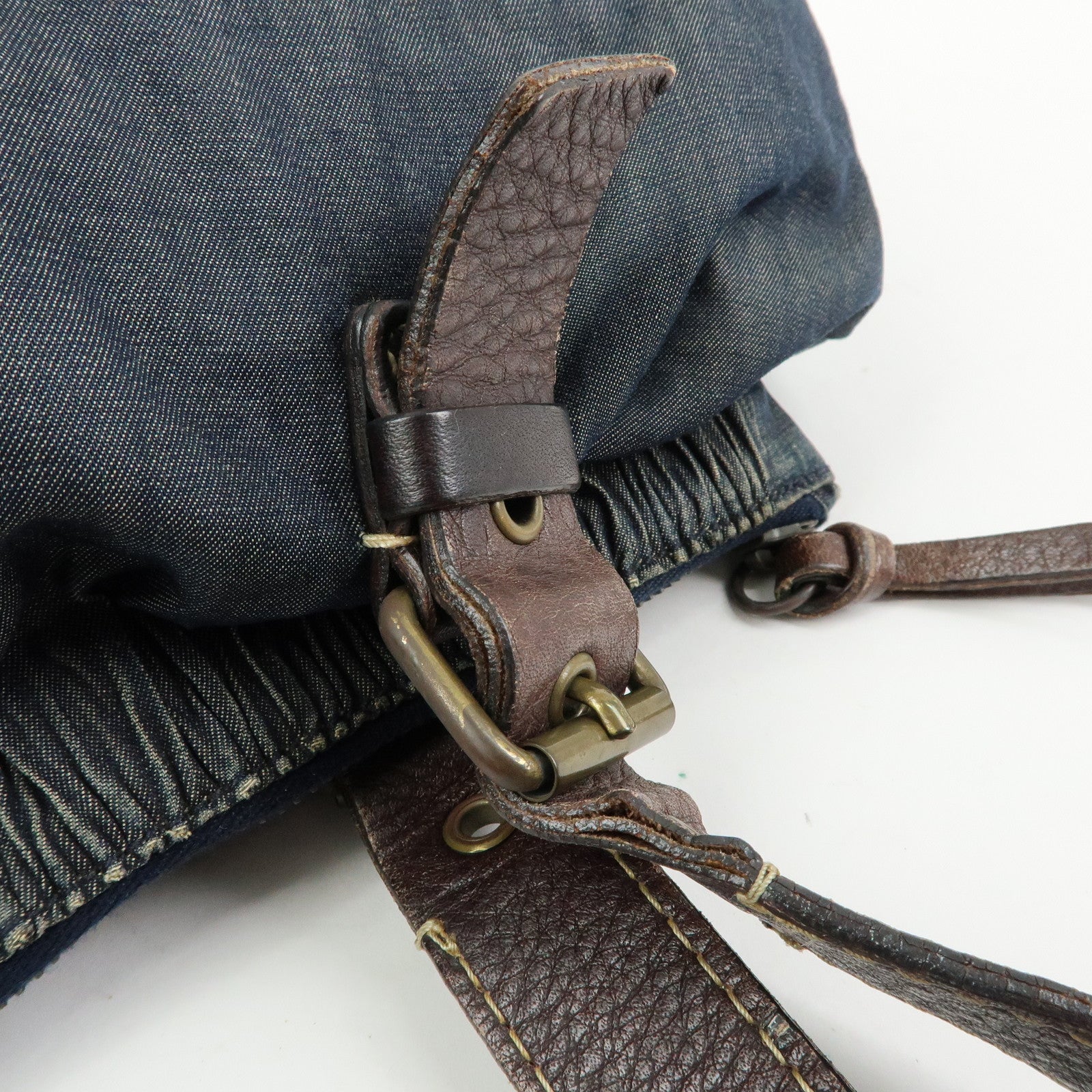 MIU MIU Denim Leather Shoulder Bag Hand Bag Indigo Blue Brown