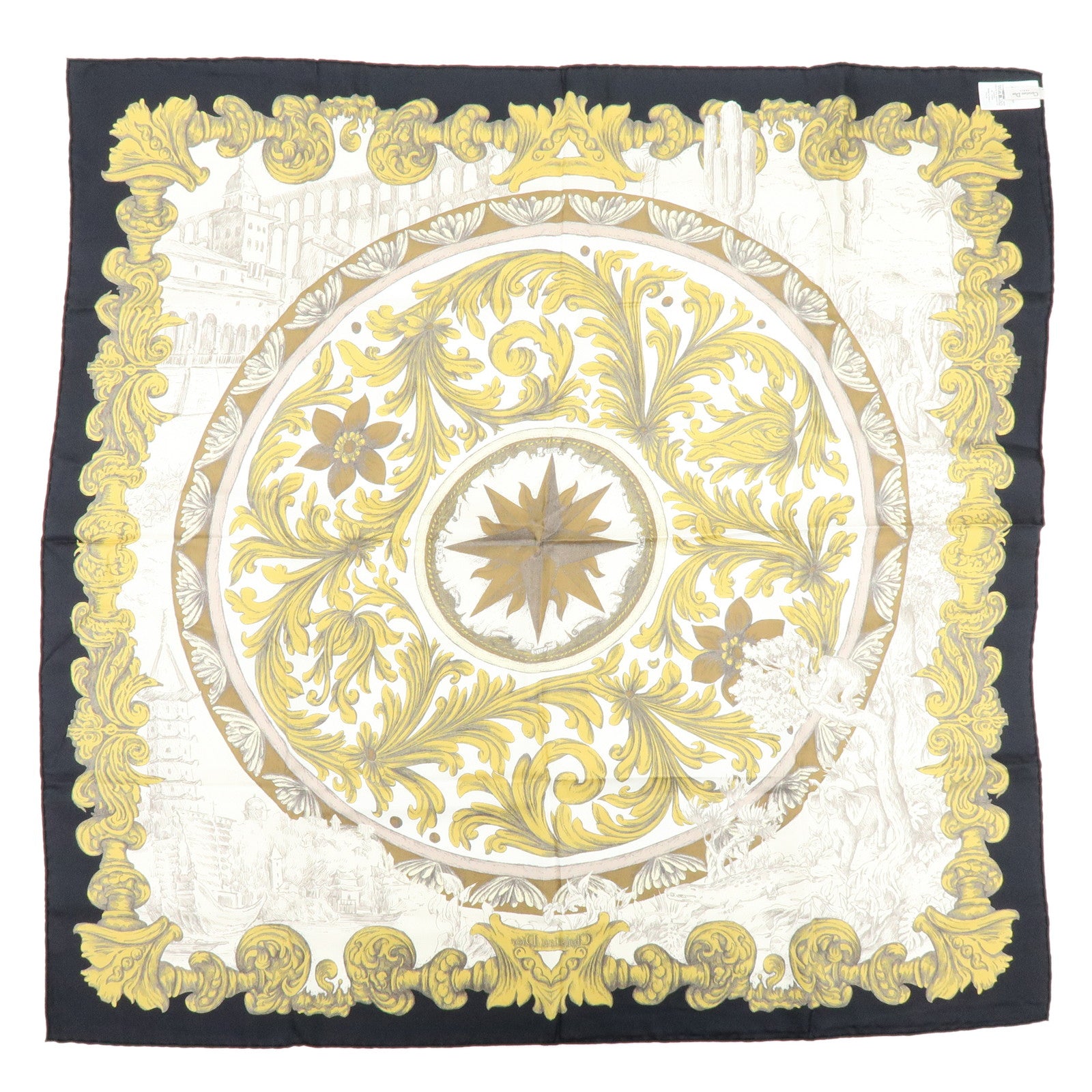 Christian Dior SQUARE Silk 100% Scarf Ivory Gold Black