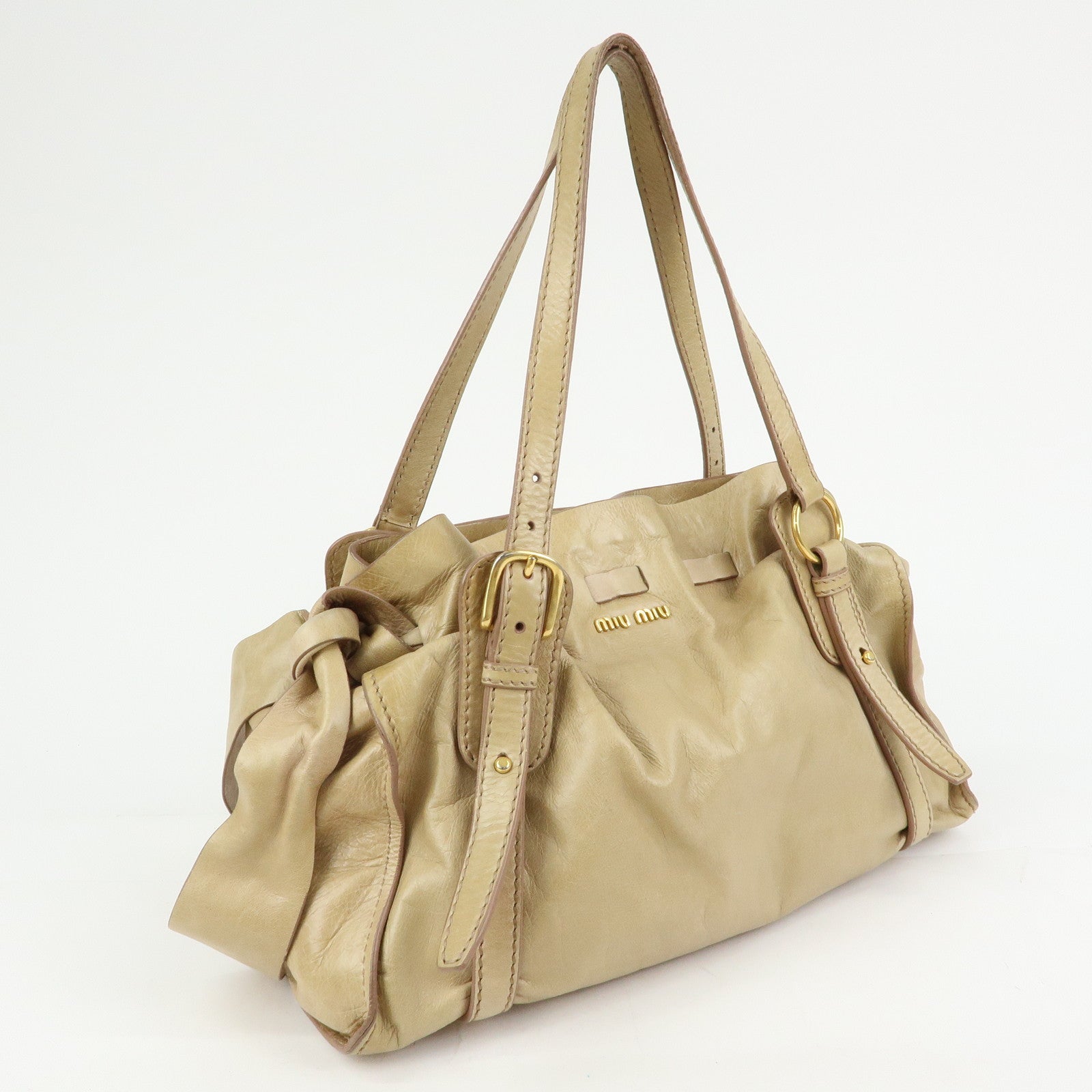 MIU MIU Logo Side Ribbon Leather Shoulder Bag Tote Bag Beige