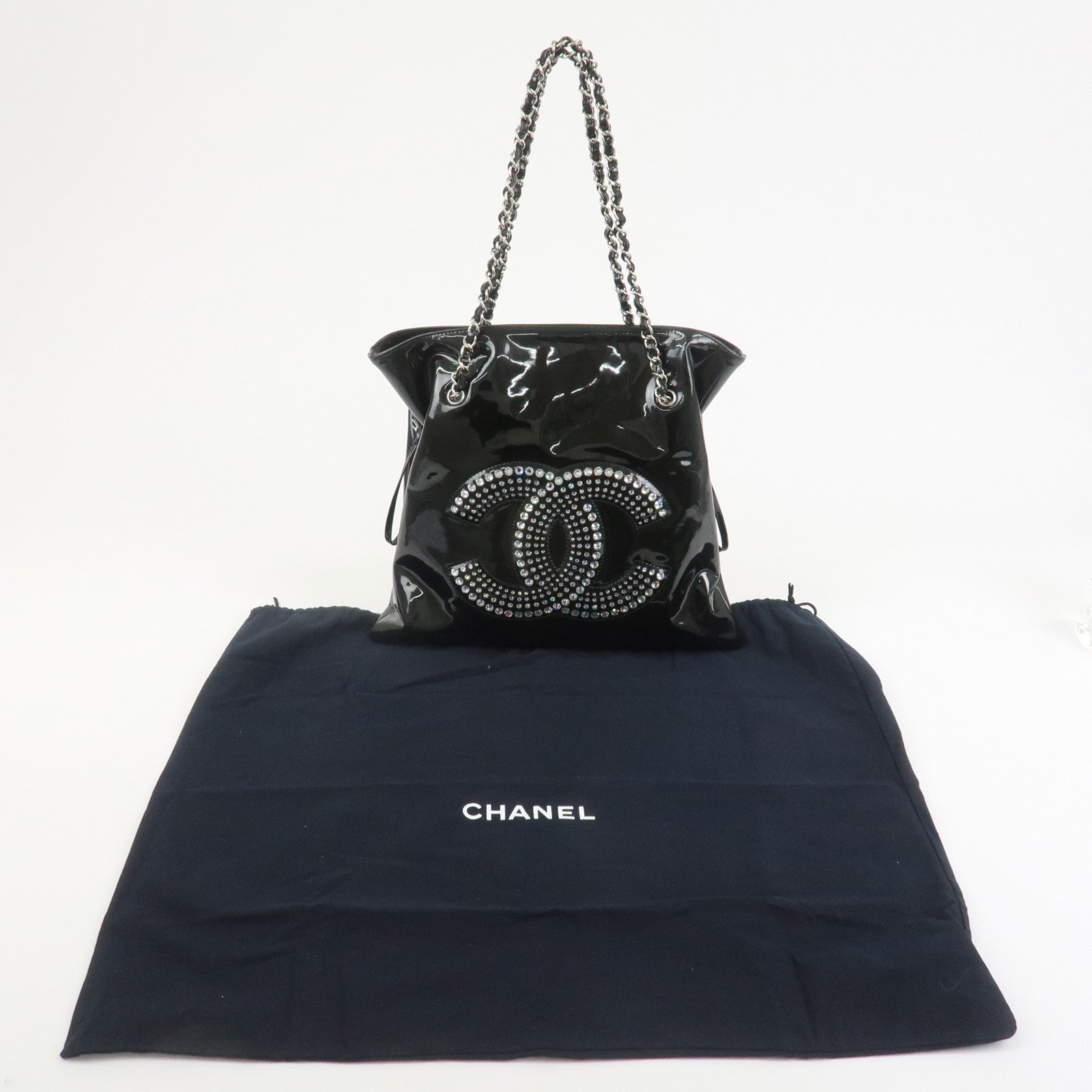 CHANEL COCO Mark Patent Leather Rhinestone Tote Bag Black