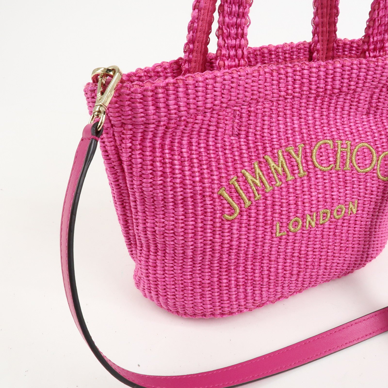 JIMMY CHOO Leather Raffia Beach West East 2 Way Bag Mini Tote Bag