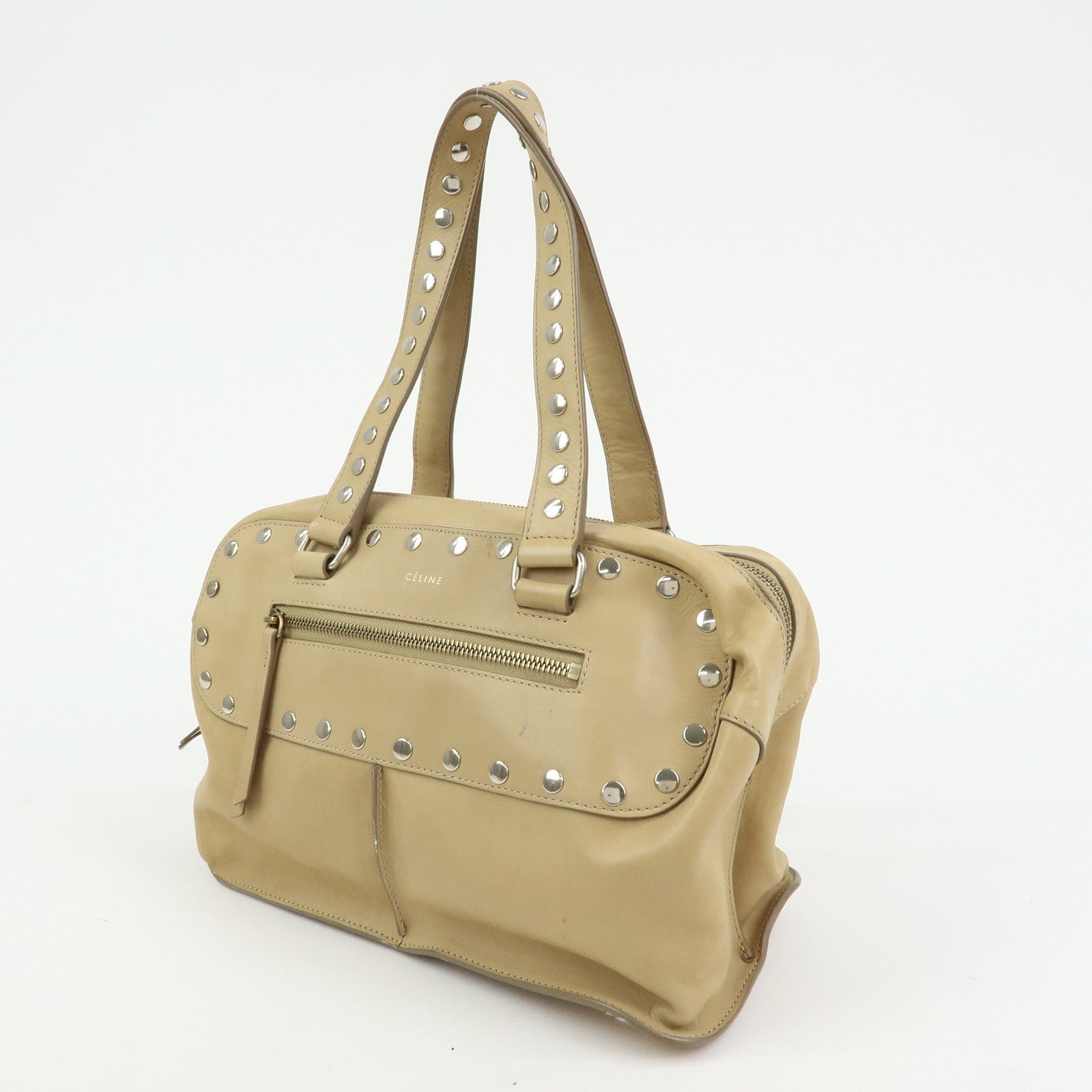 CELINE Leather Hand Bag Bowling Bag Beige Studs