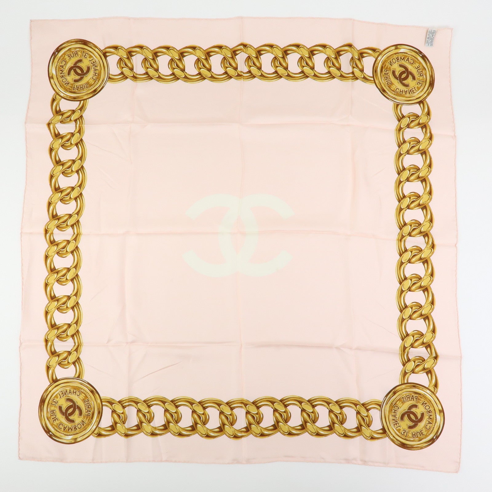 CHANEL COCO Mark Silk 100% Scarf Chain Pearl Motif Pink