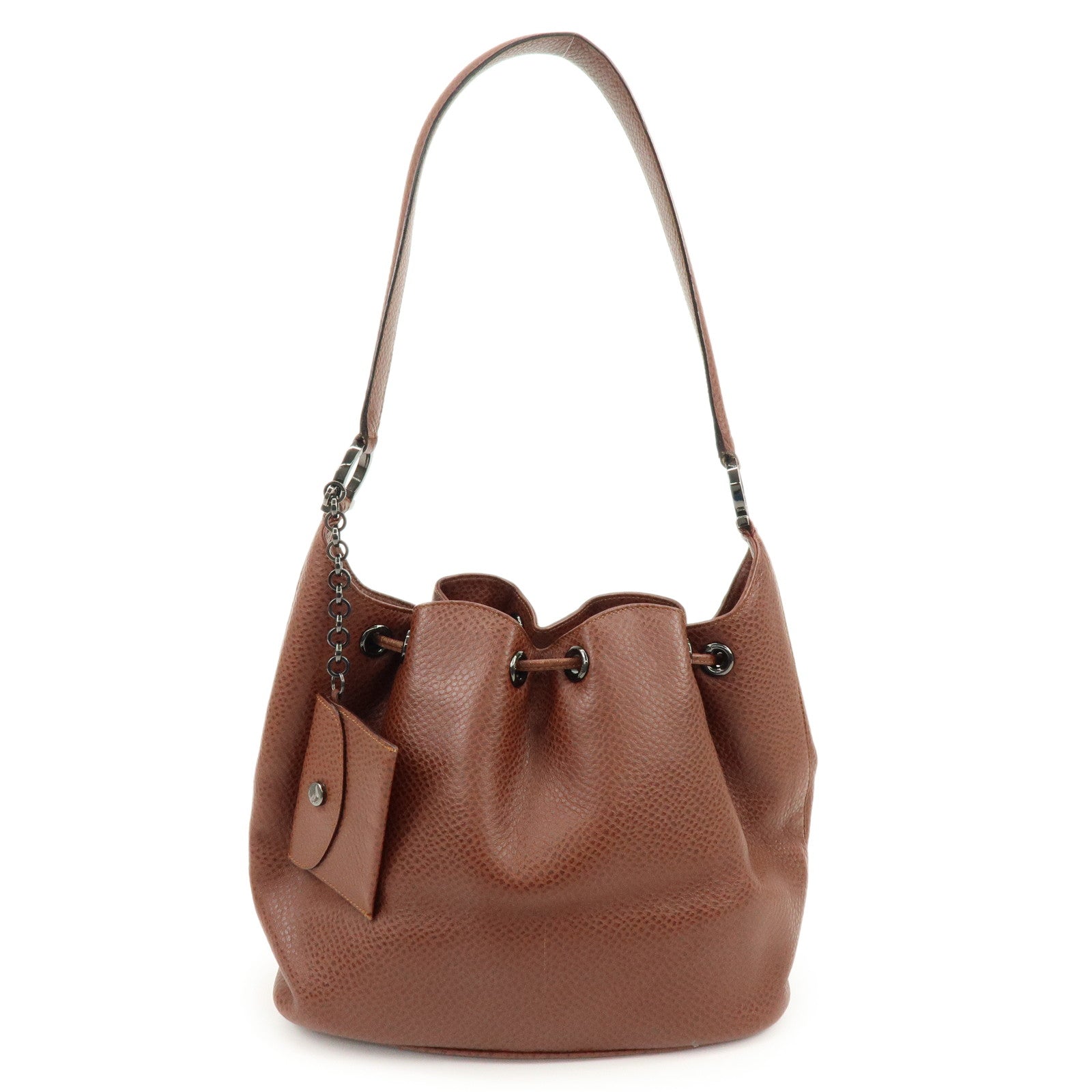 Ferragamo Gancini Leather Drawstring Bag Shoulder Bag Brown
