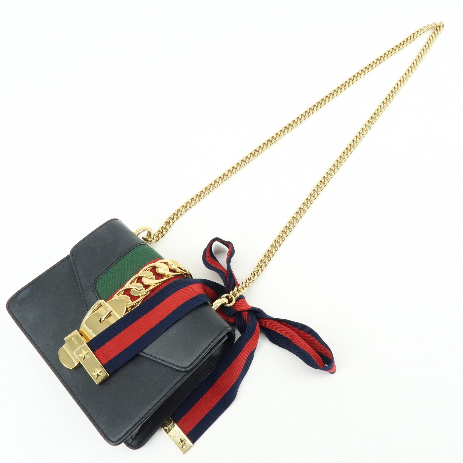 GUCCI Sylvie Sherry Leather Chain Shoulder Bag Black 431666
