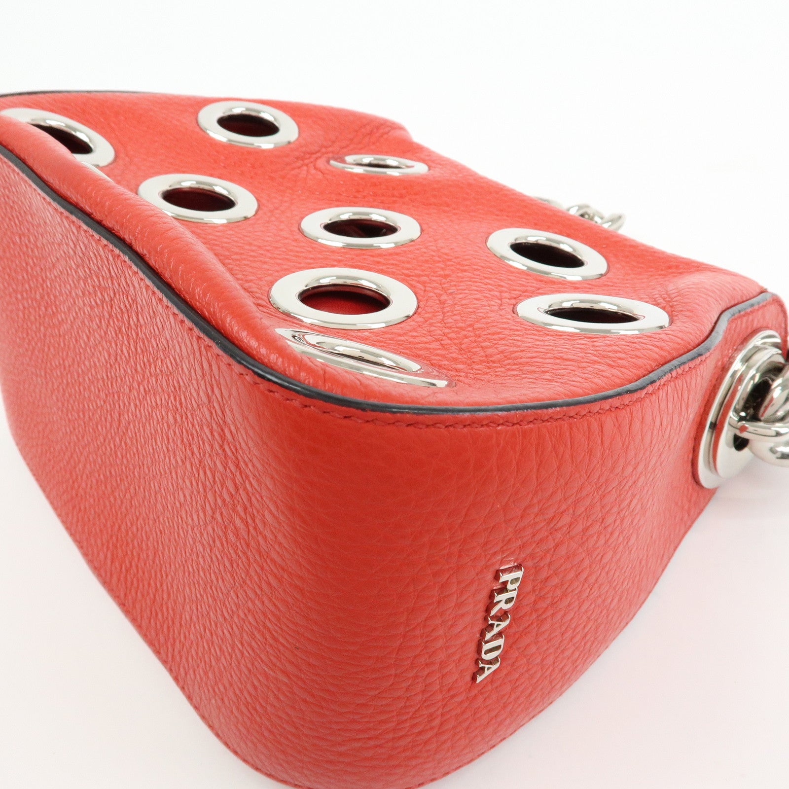 PRADA Grommet Leather Chain Shoulder Bag Hand Bag Red