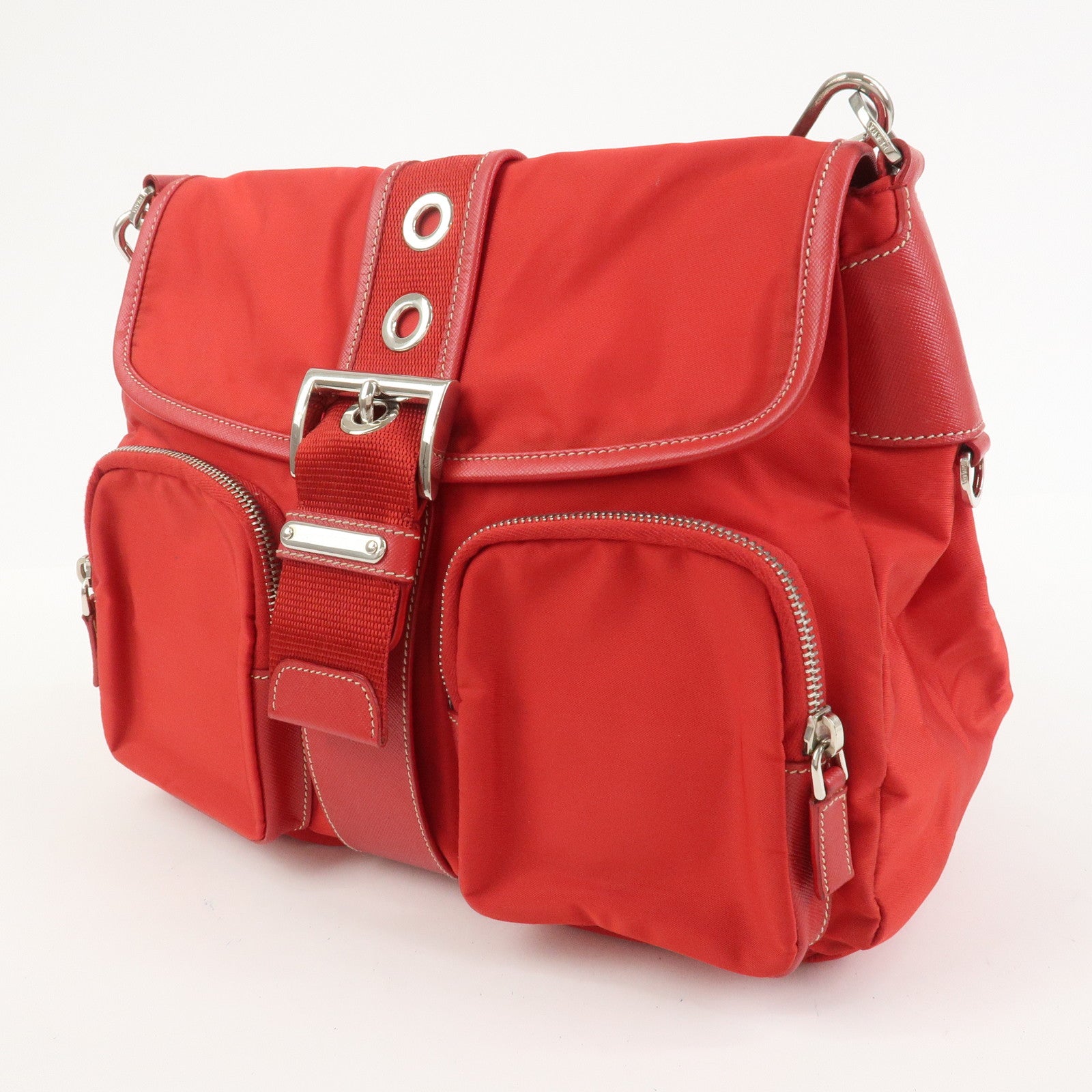 PRADA Triangle Logo Nylon Saffiano Leather Shoulder Bag Red BT0436