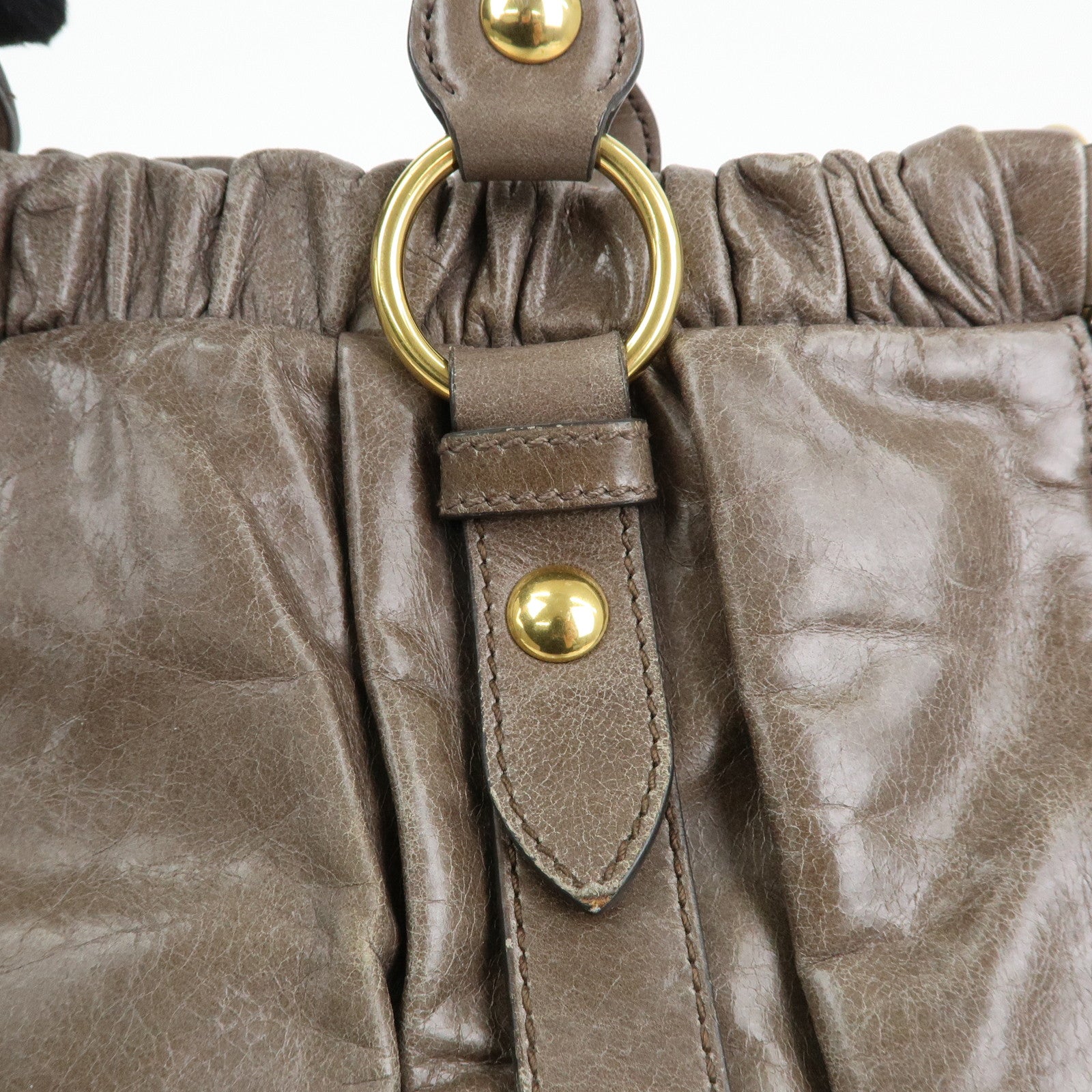 MIU MIU Logo Leather Hand Bag Tote Bag Gray Gold