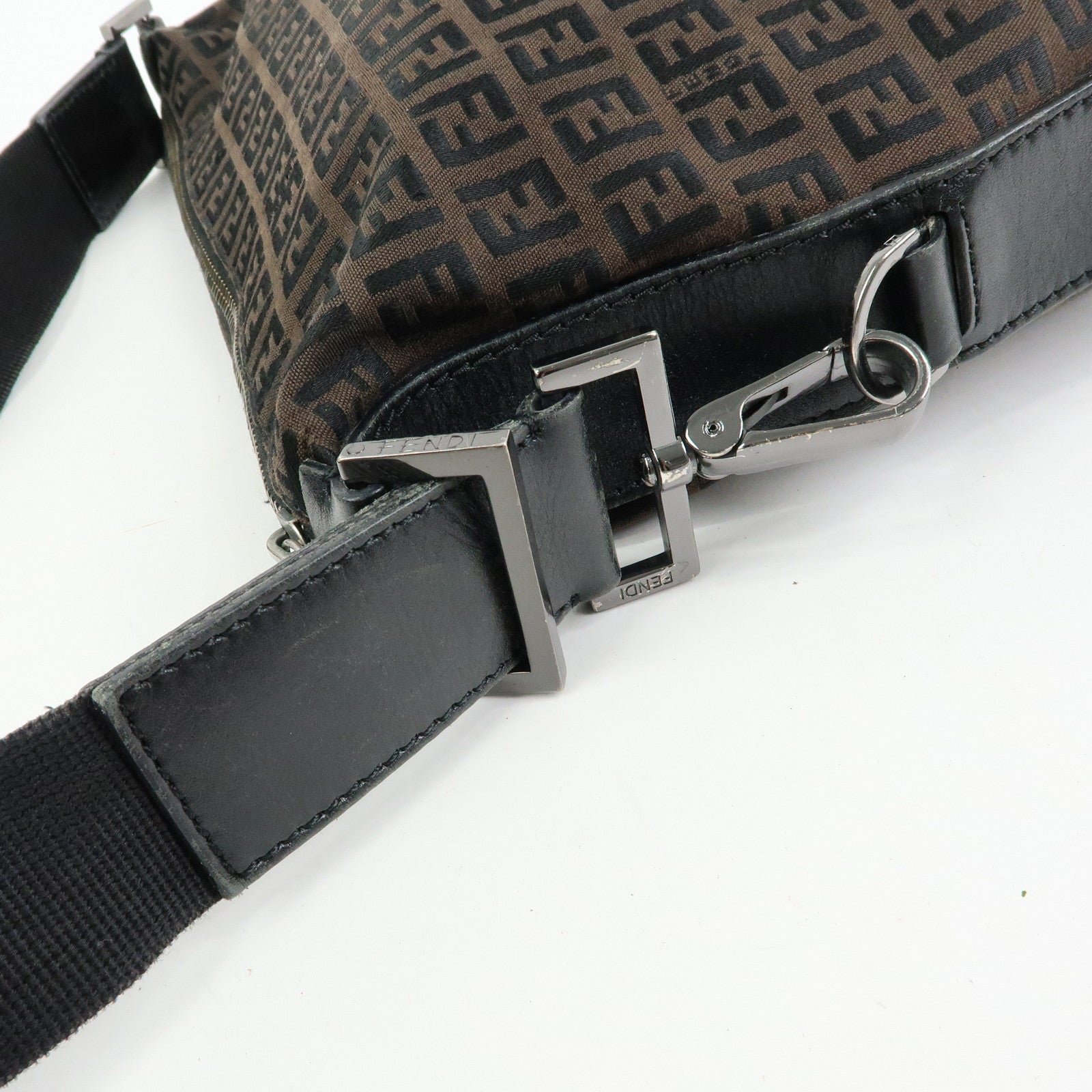 FENDI Zucchino Canvas Leather Shoulder Bag Brown Black 7VA004