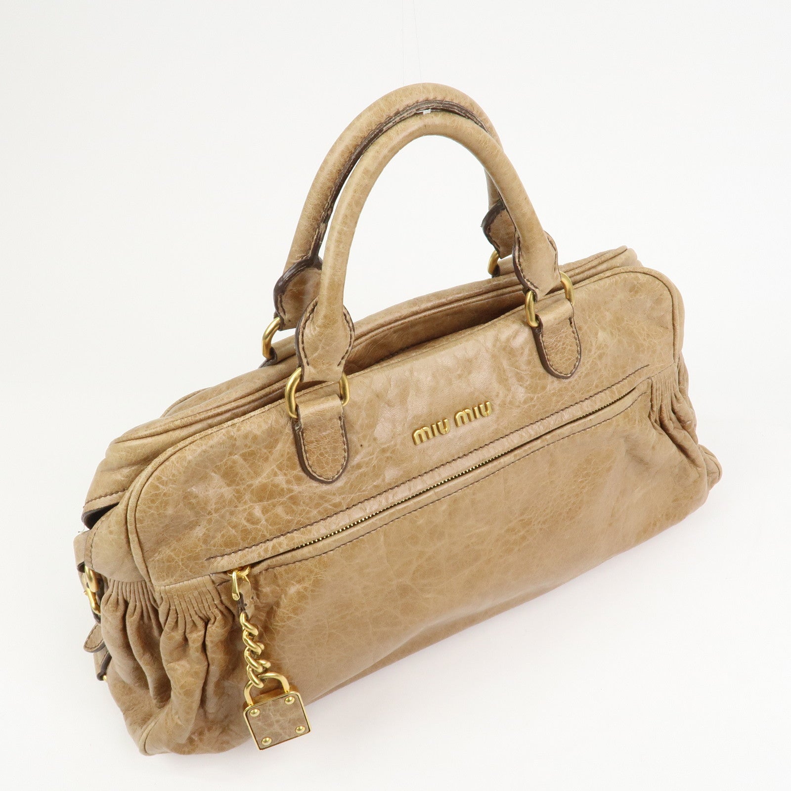 MIU MIU Logo Leather Hand Bag Boston Bag Light Brown
