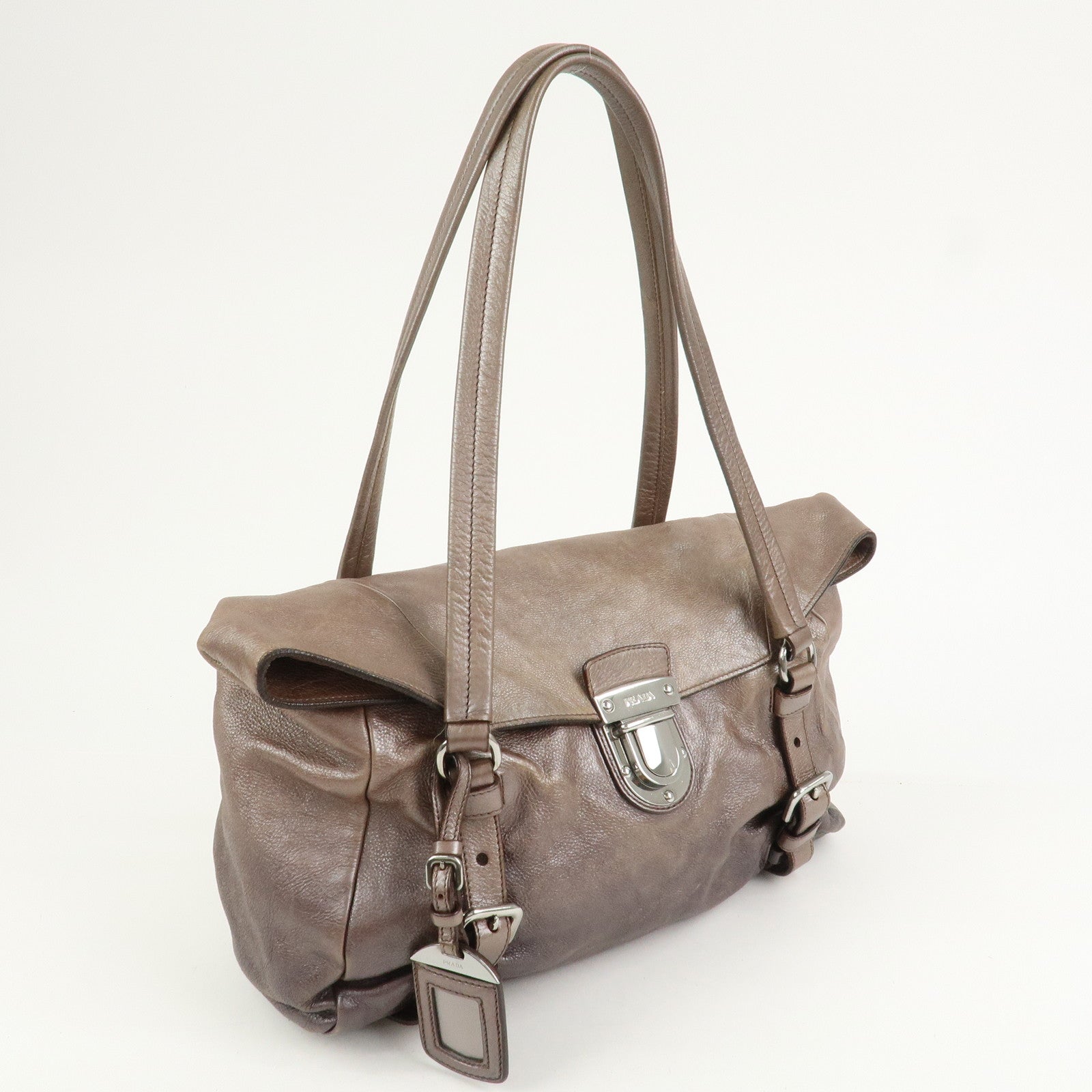 PRADA Logo Leather Shoulder Bag Hand Bag Metallic Brown BR3901