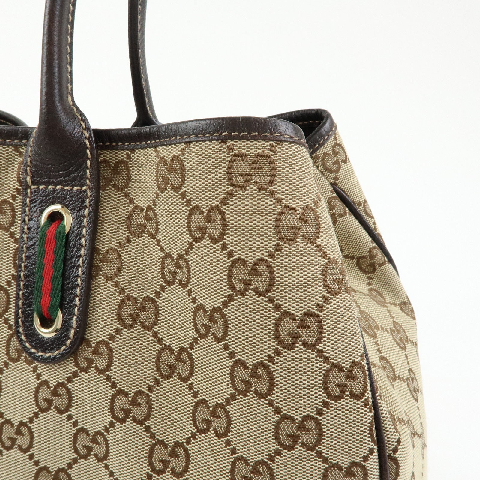 GUCCI Princy GG Canvas Leather Tote Bag Beige Dark Brown 161719