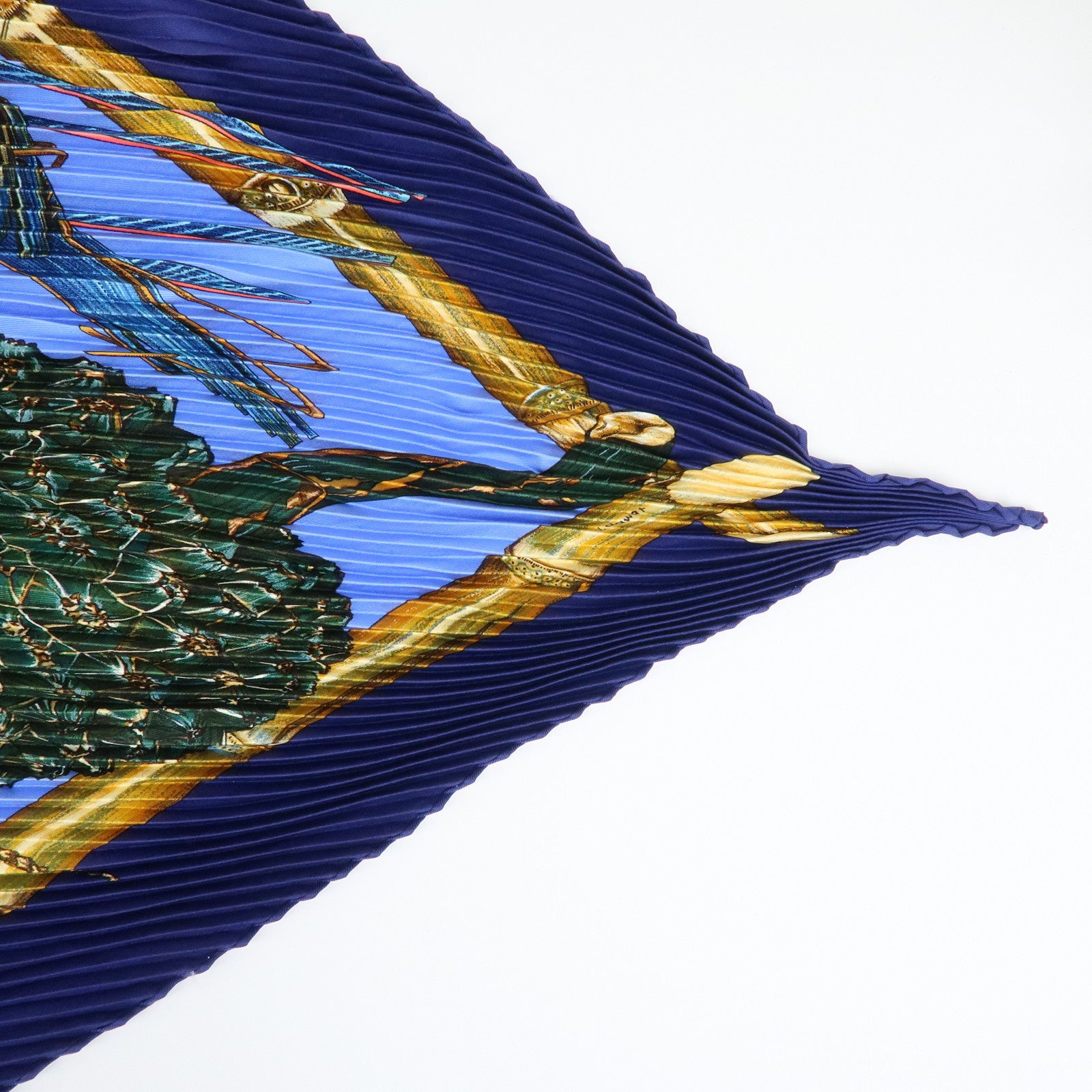 HERMES Pleated Carre 90 Silk 100% Scarf Jardin Creole Navy