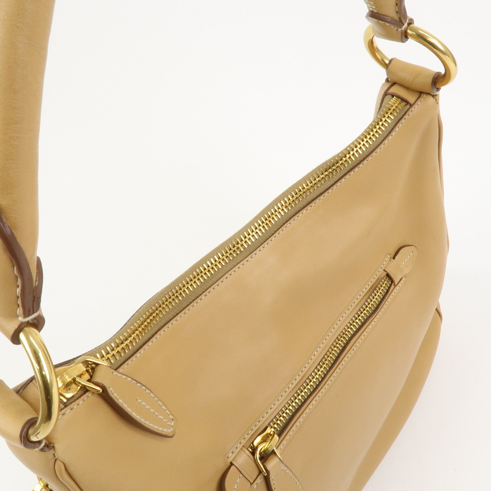 PRADA Triangle Logo Leather Shoulder Bag Hand Bag Camel