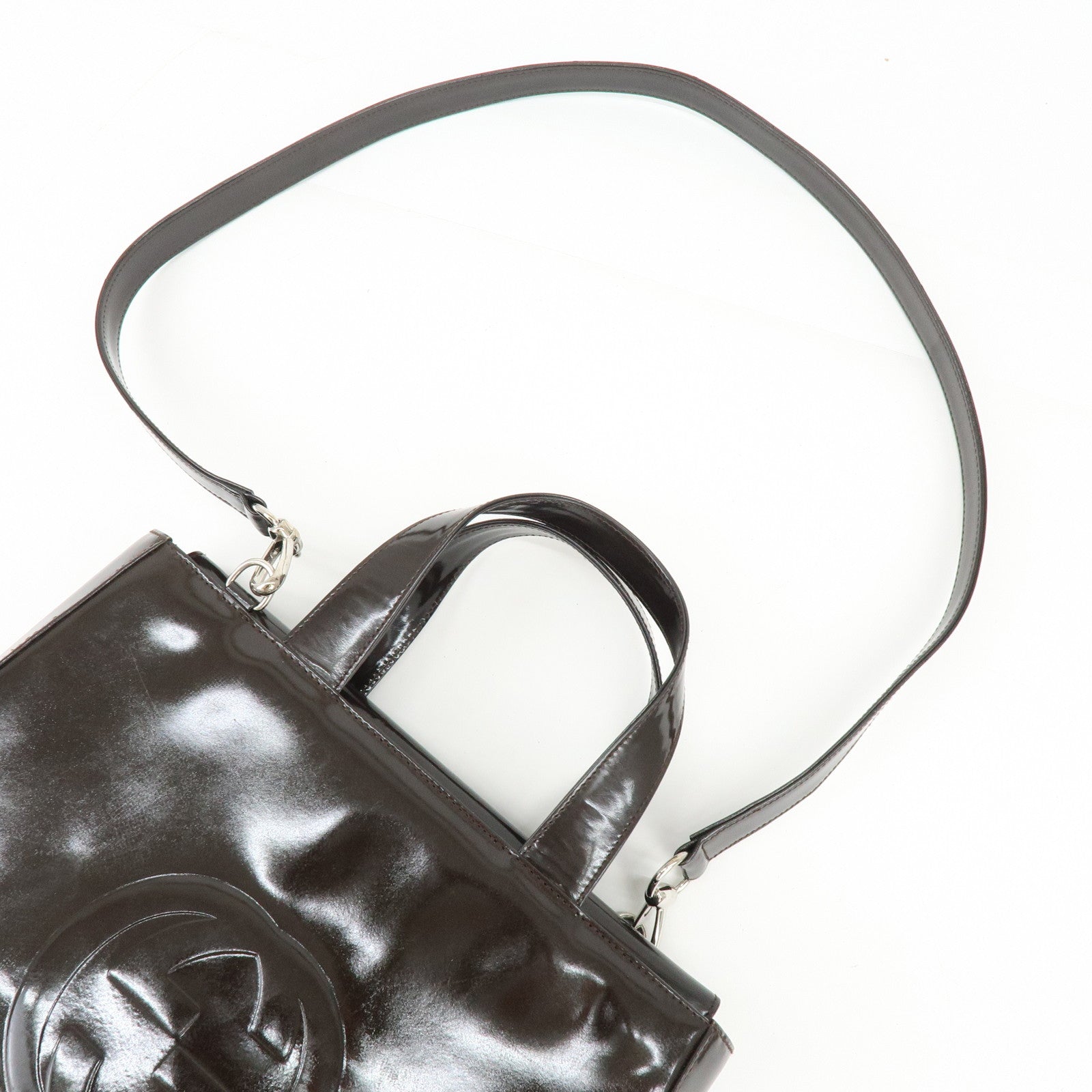 GUCCI Interlocking G Patent Leather 2Way Bag Dark Brown 000・2058