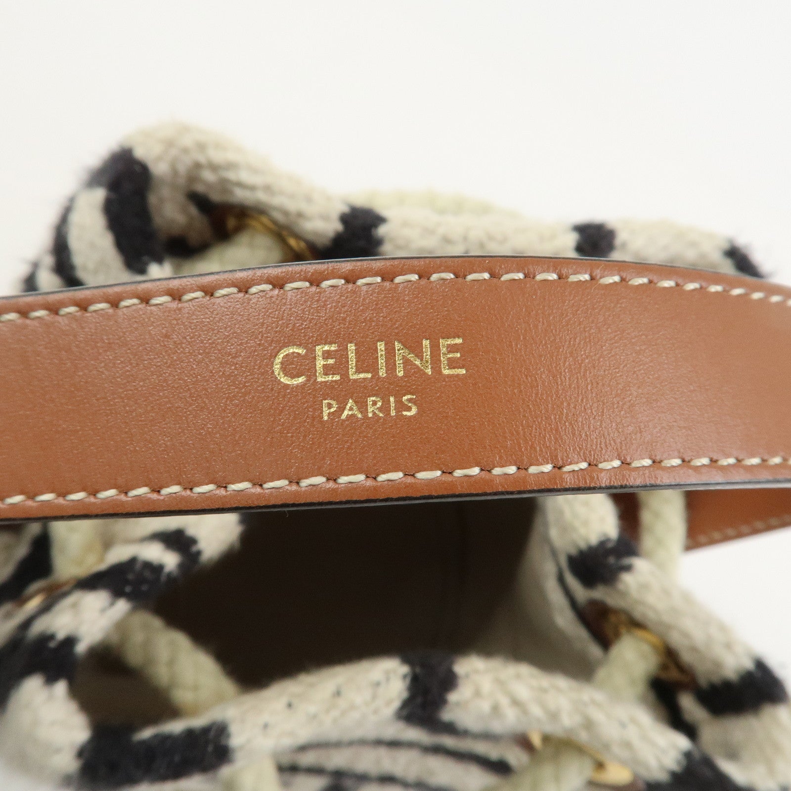 CELINE Teen Drawstring Canvas Leather Hand Bag Natural Brown