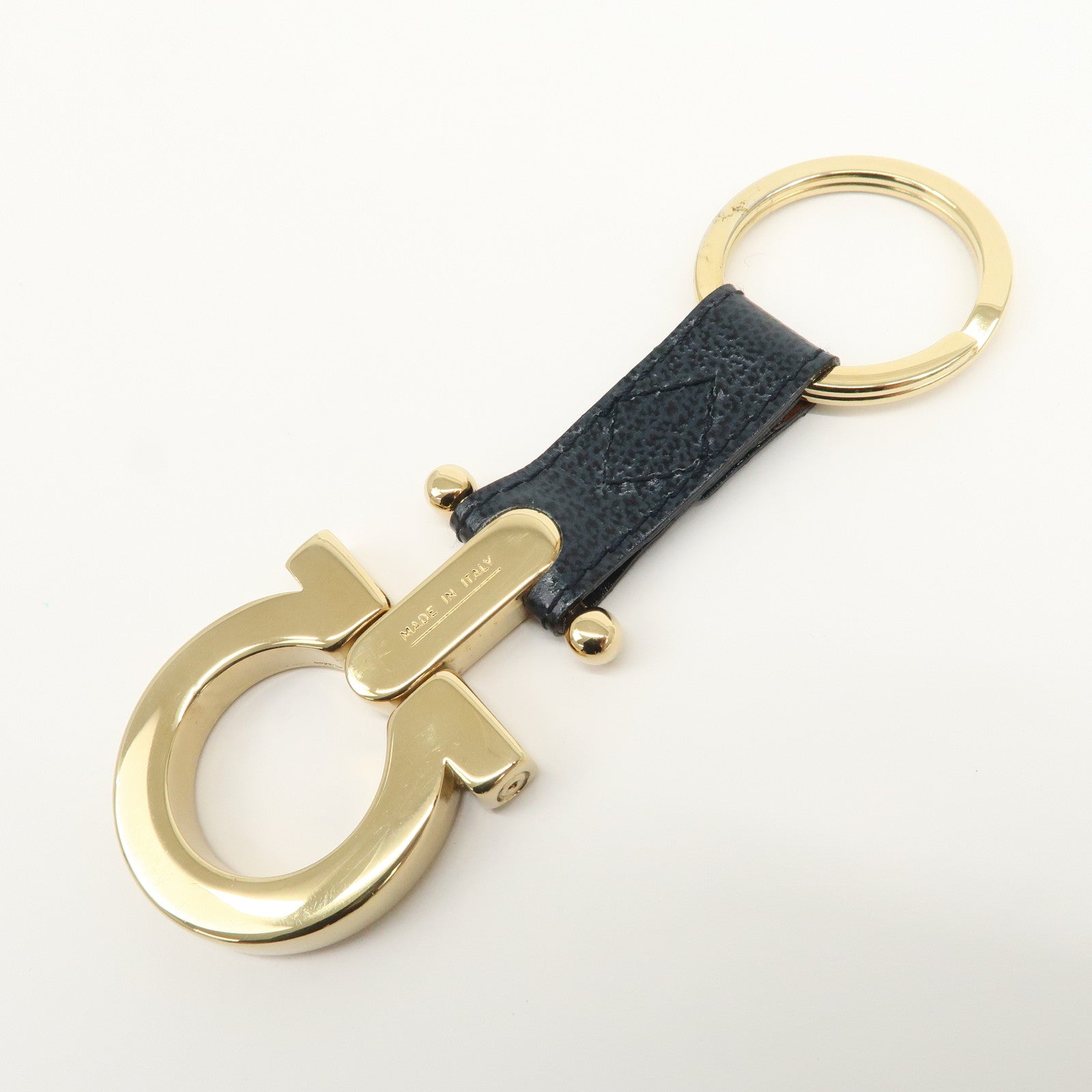 Ferragamo Gancini Leather Metal Bag Charm Key Charm Key Chain Black