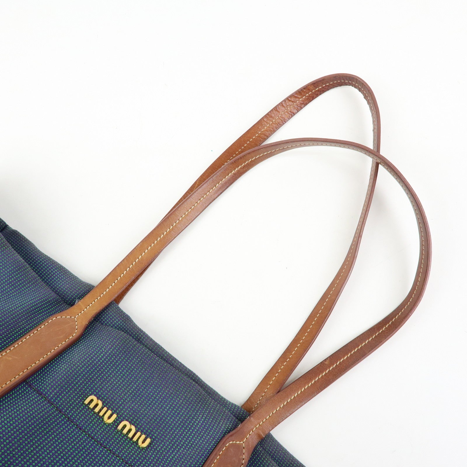 MIU MIU Logo Canvas Leather Tote Bag Shoulder Bag Blue Brown