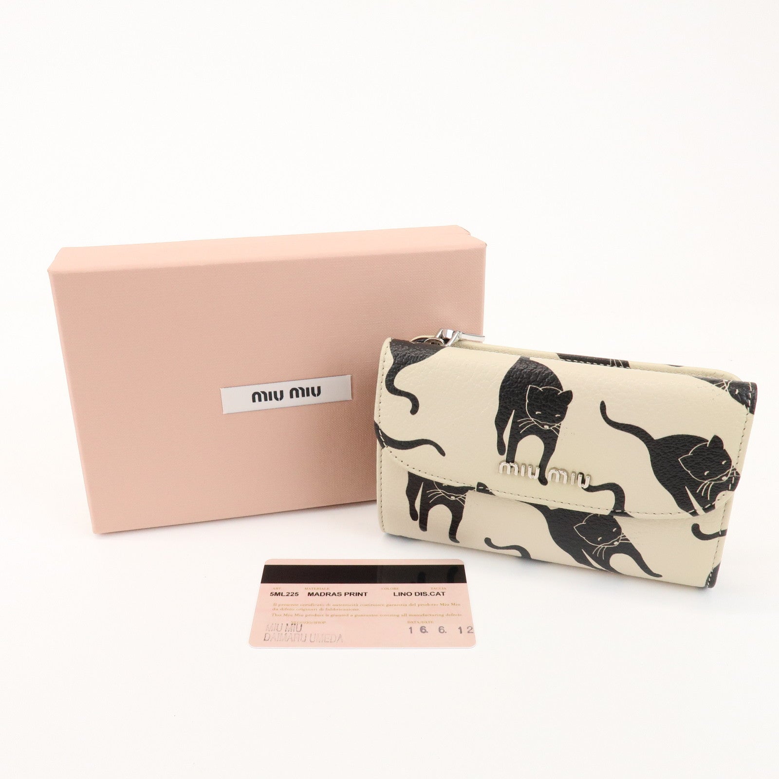 MIU MIU Leather Bi-fold Compact Wallet Black Cat Ivory 5ML225