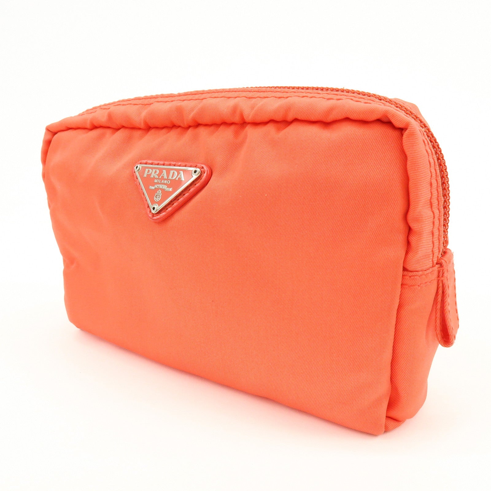 PRADA Triangel Logo Nylon Leather Pouch Cosmetic Case Coral