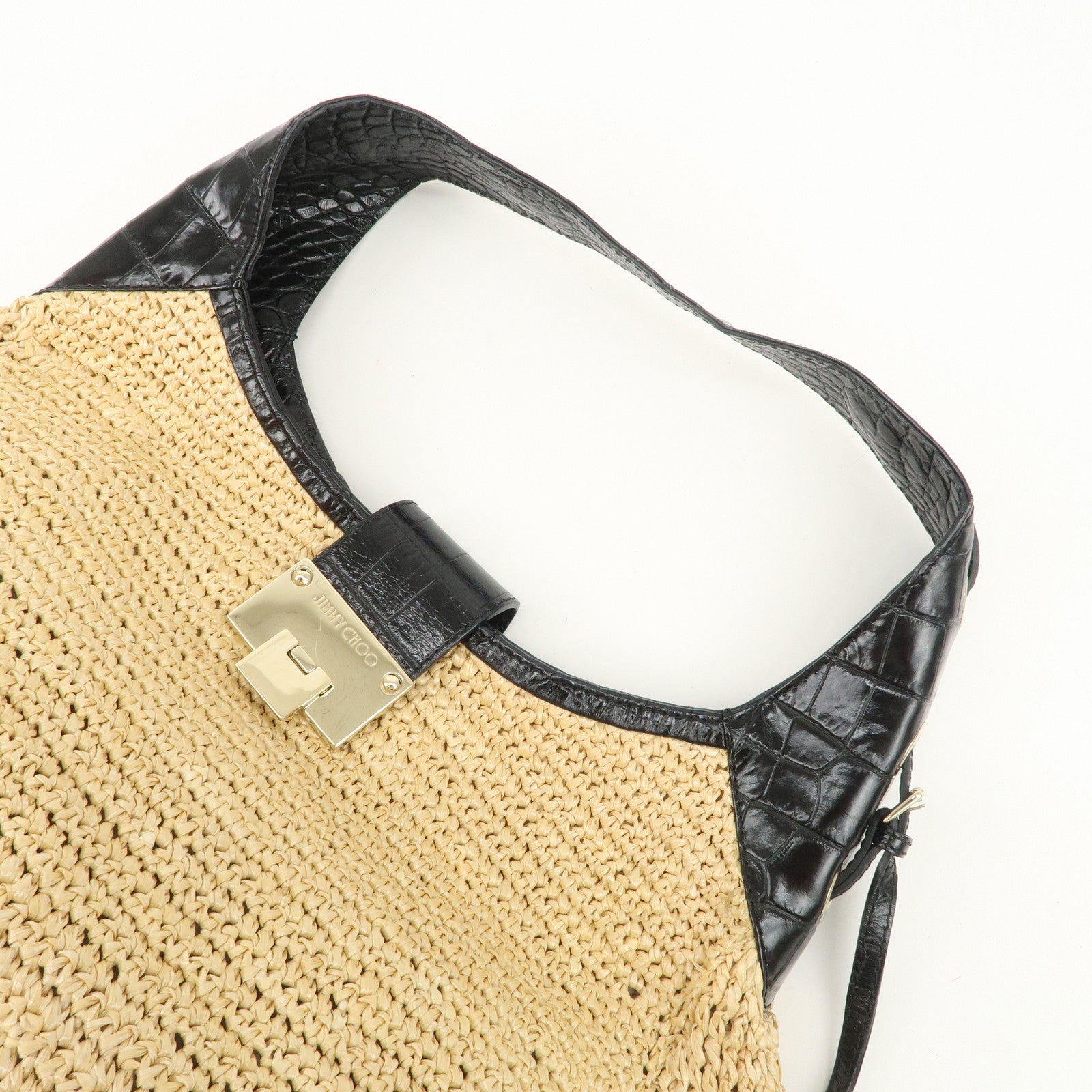 JIMMY CHOO Raffia Embossed Leather One Shoulder Bag Natural Black