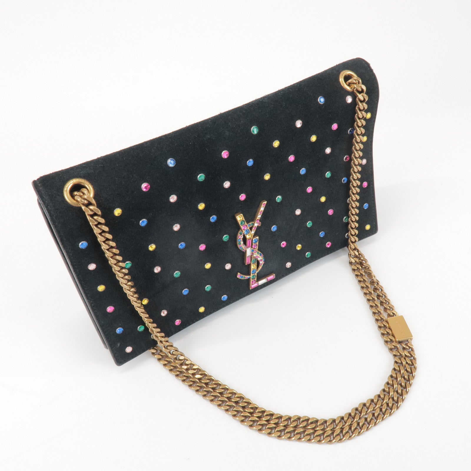 SAINT LAURENT PARIS Cassandra Suede Rhinestone Shoulder Bag 513074