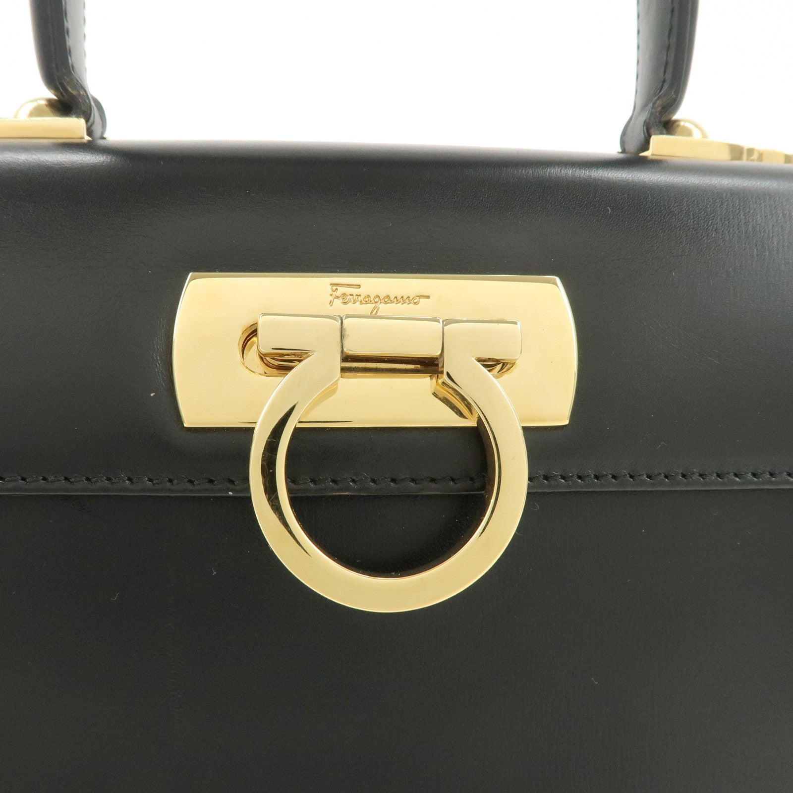 Ferragamo Gancini Leather 2Way Bag Hand Bag Shoulder Bag Black