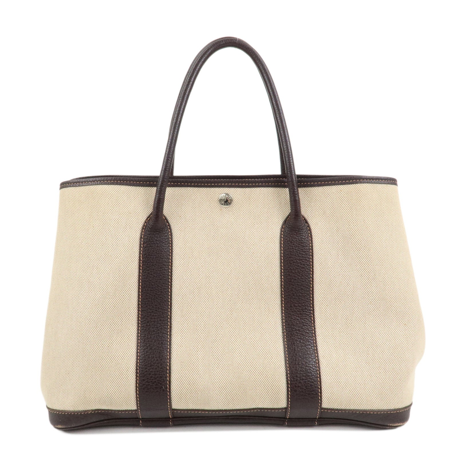 HERMES Leather Toile H Garden Party PM Tote Bag Hand Bag Natural