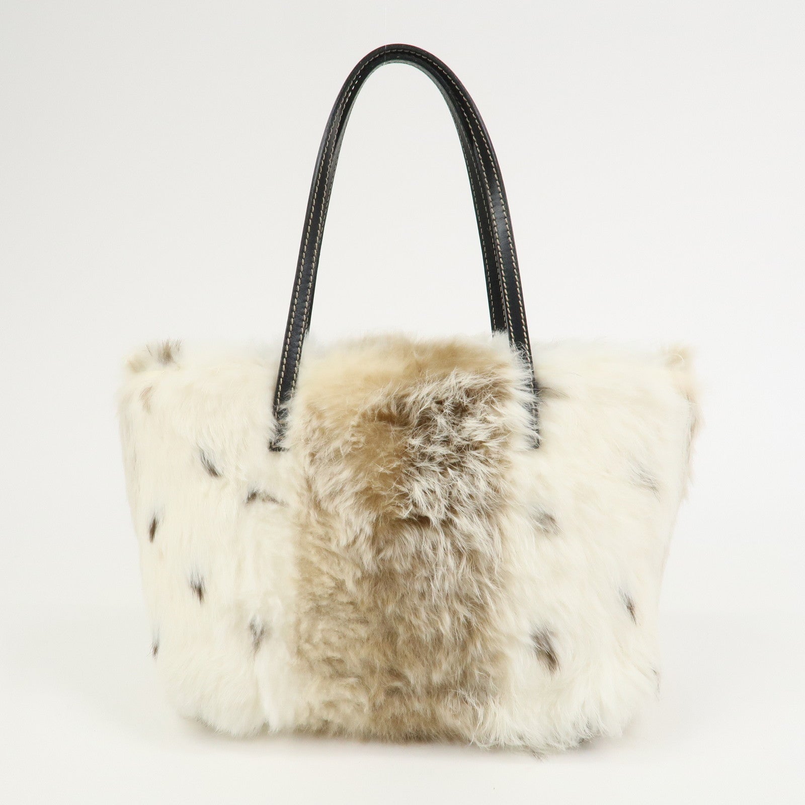 FENDI Fur Leather Hand Bag Tote Bag Ivory Light Brown 8BH056