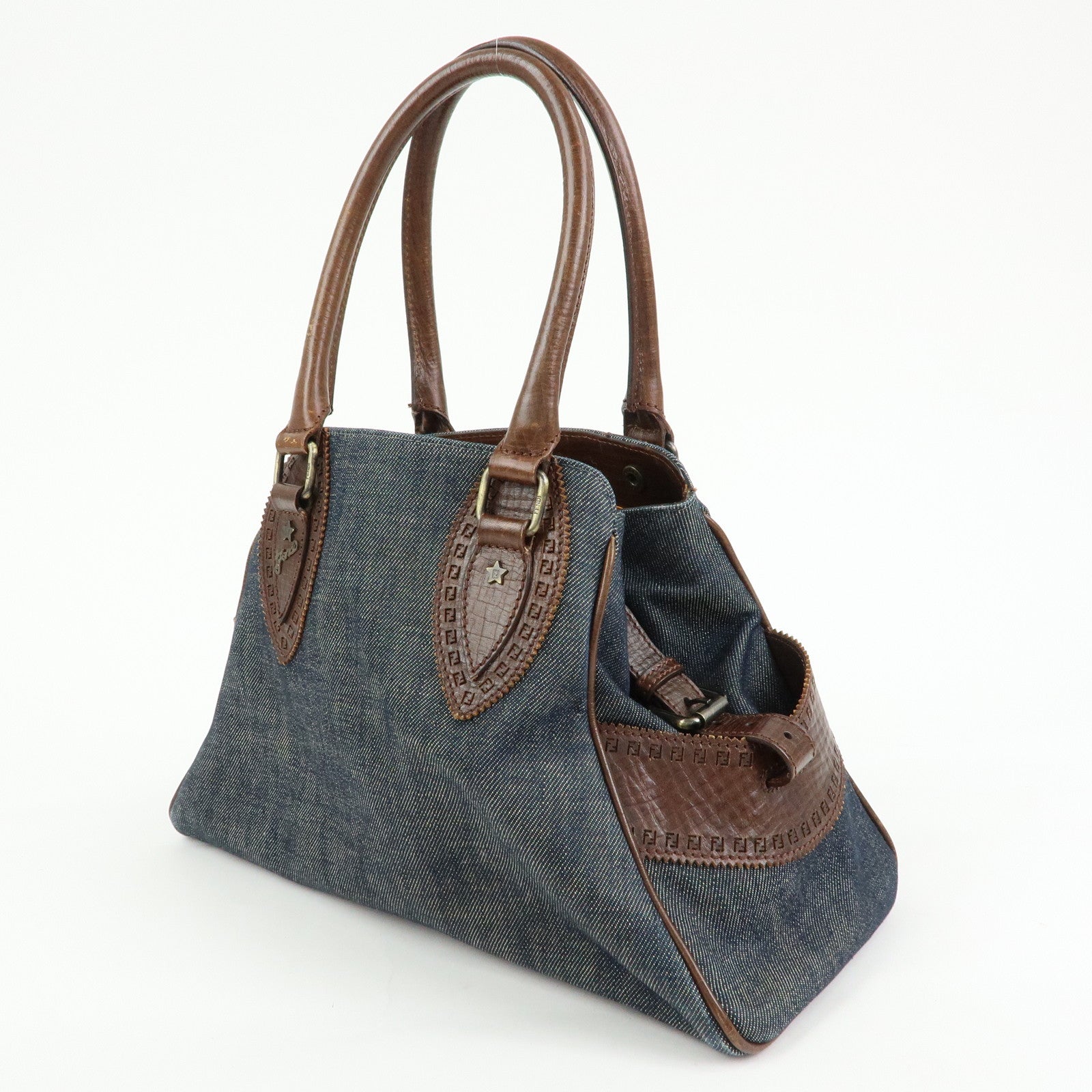 FENDI Etnico Denim Leather Tote Bag Shoulder Bag Blue Brown 8BN157