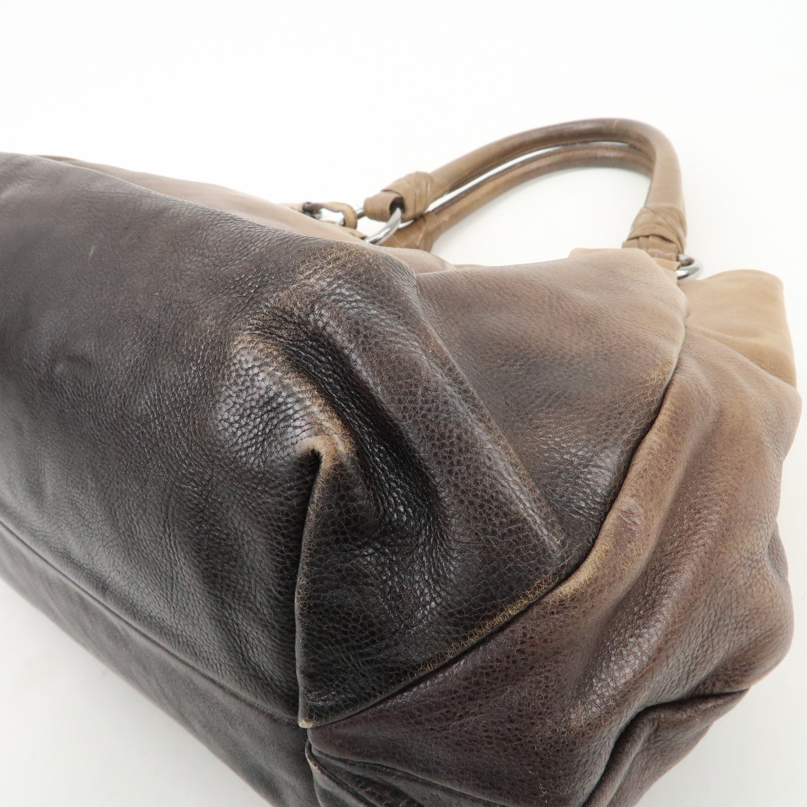 PRADA Logo Leather Tote Bag Shoulder Bag Silver HDW Black Beige